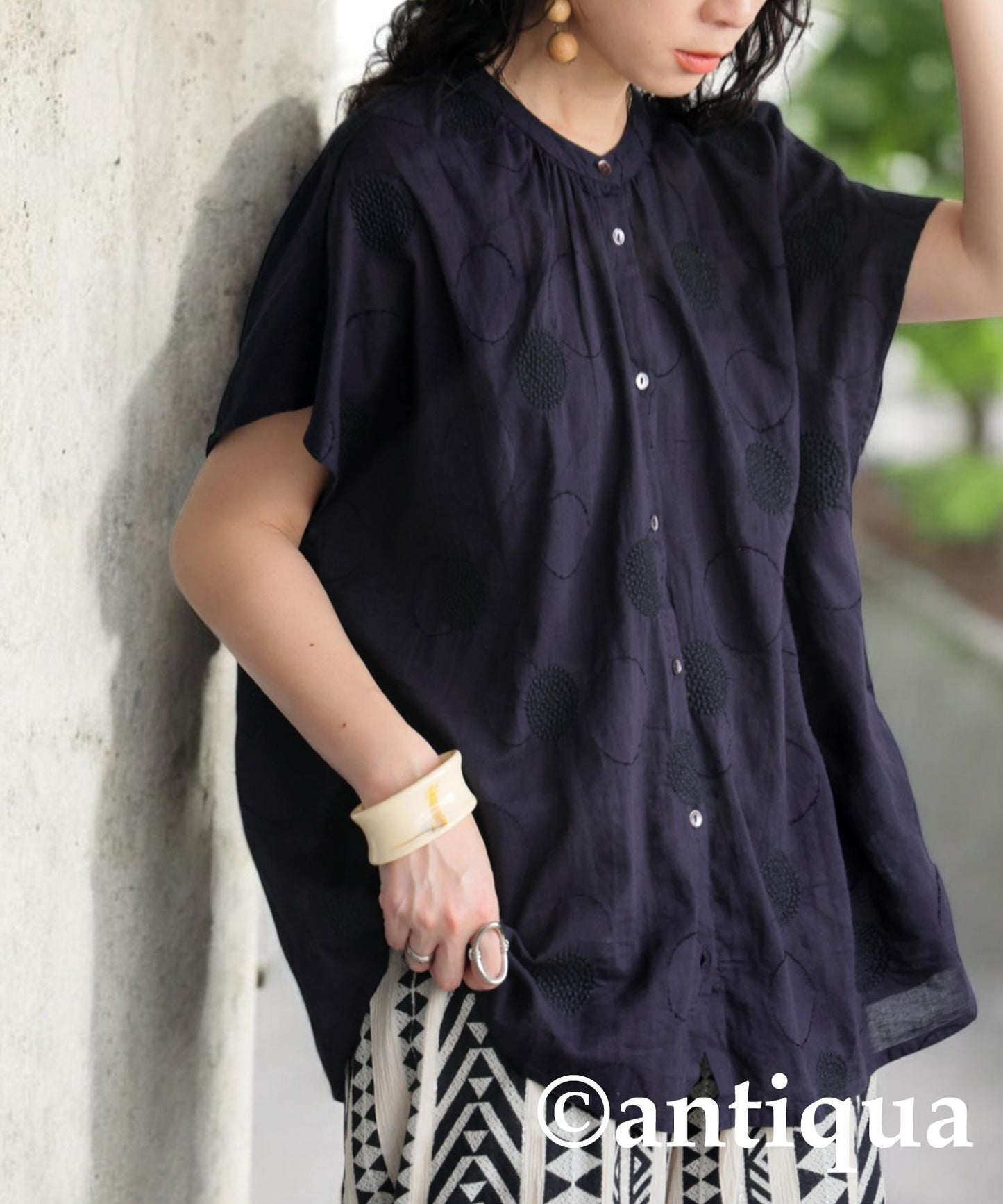 Ladies Indian Cotton Dots Embroidery Shirt