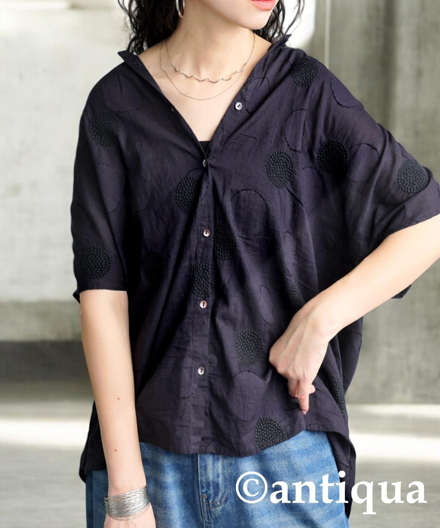 Ladies Indian Cotton Dots Embroidery Shirt