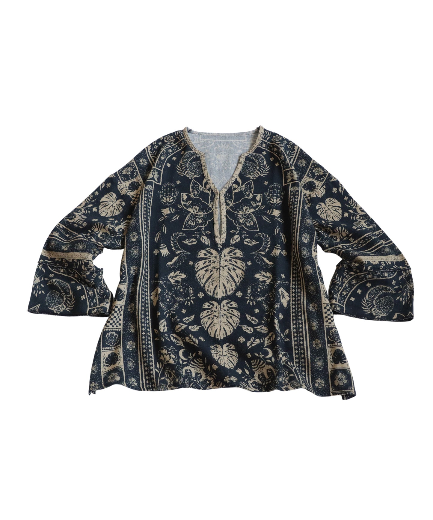 Ladies Ethnic Print Skipper Neck Top