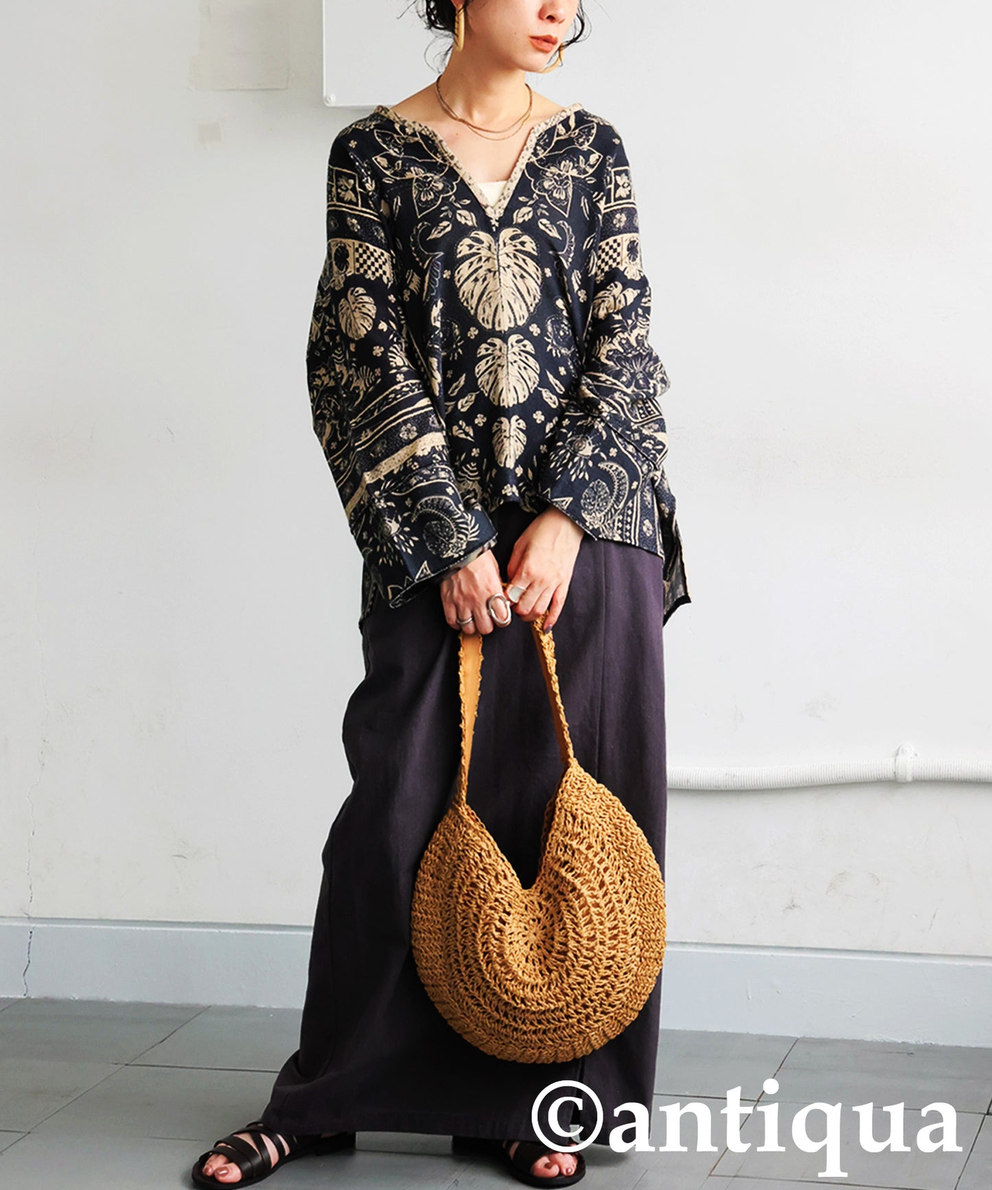 Ladies Ethnic Print Skipper Neck Top