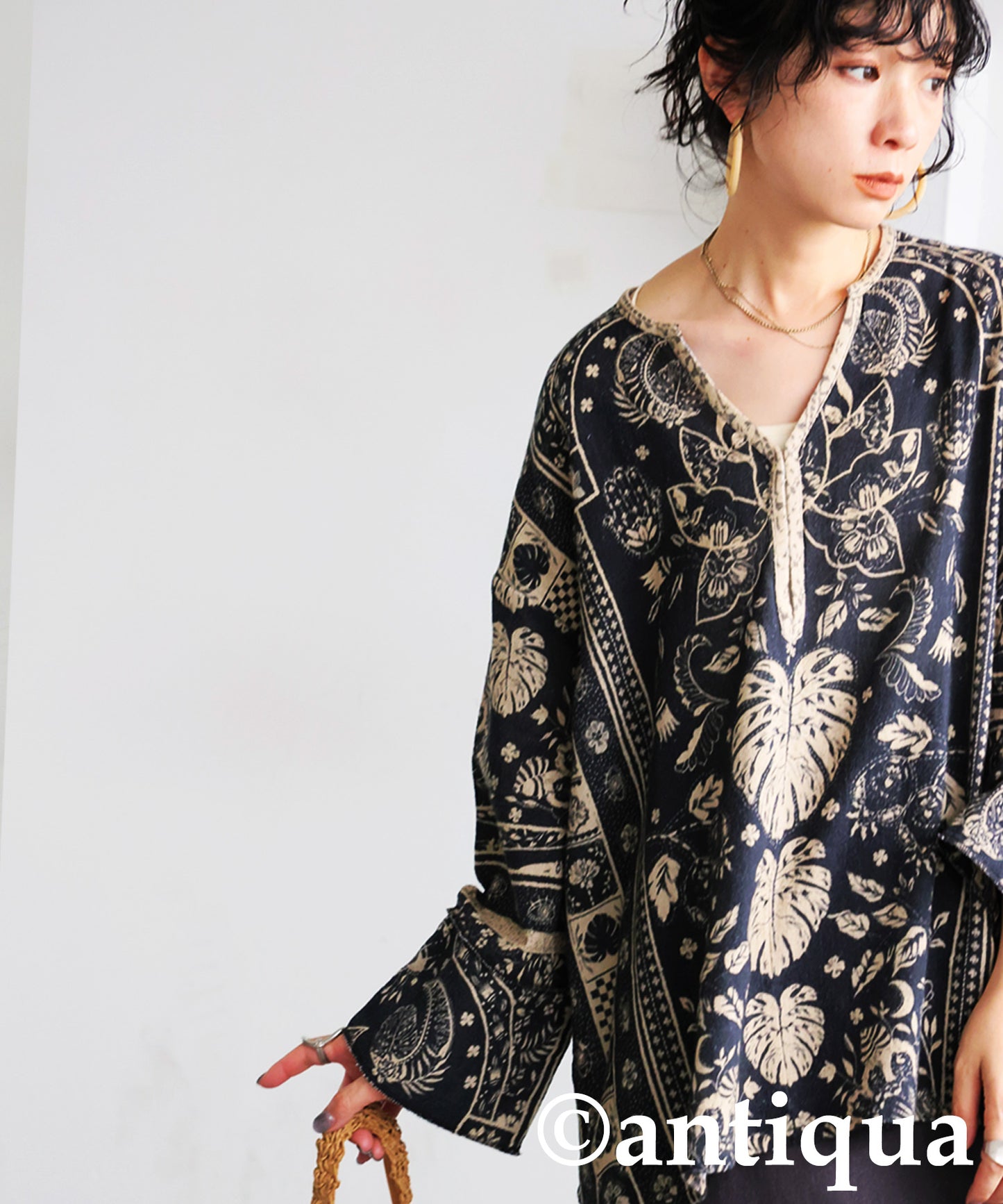 Ladies Ethnic Print Skipper Neck Top