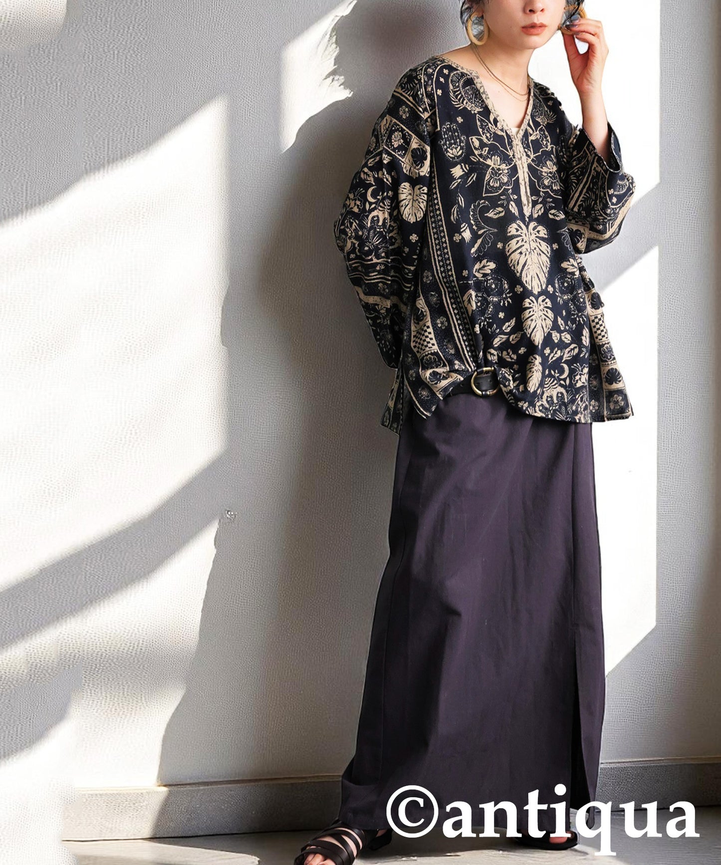 Ladies Ethnic Print Skipper Neck Top