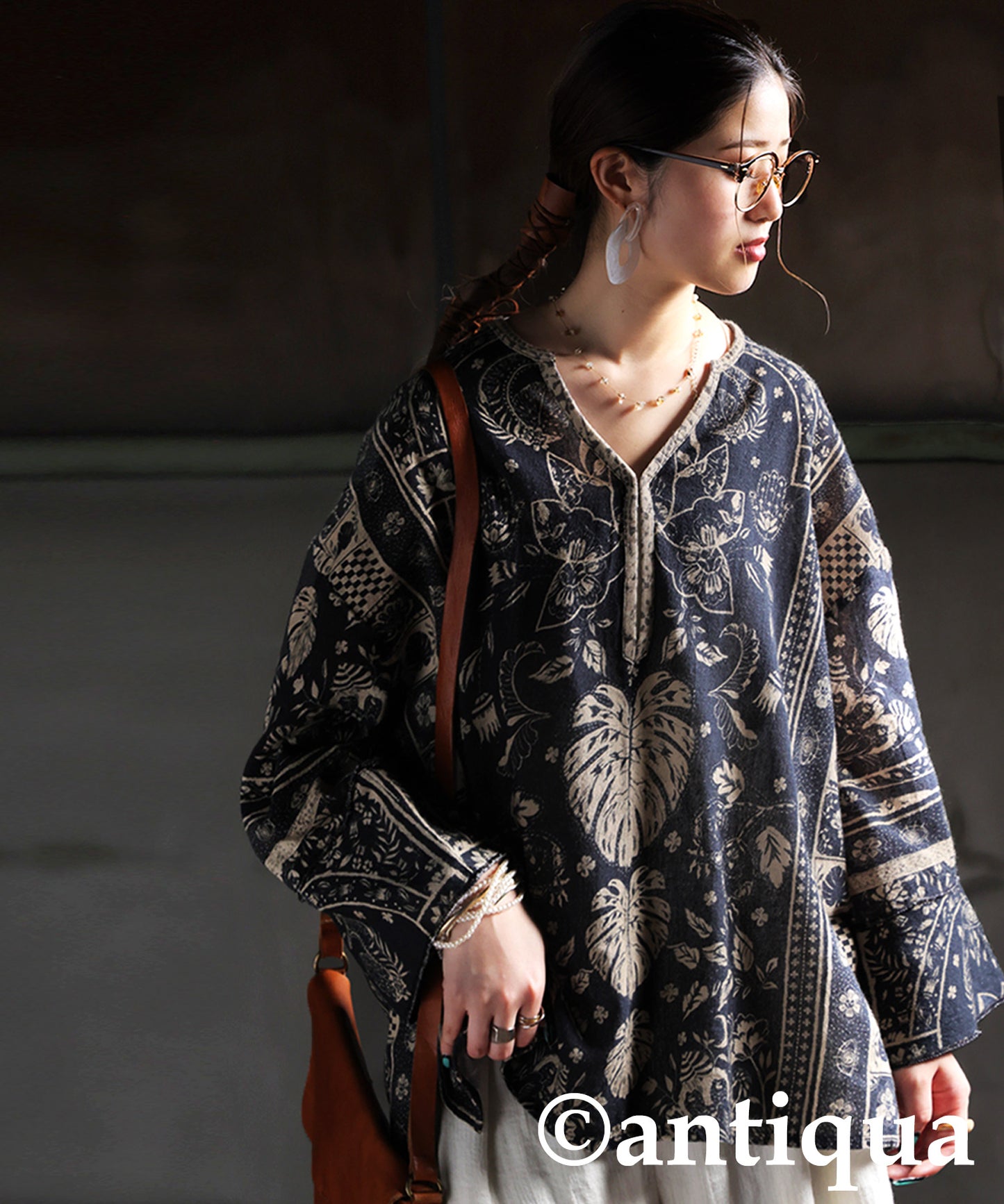 Ladies Ethnic Print Skipper Neck Top