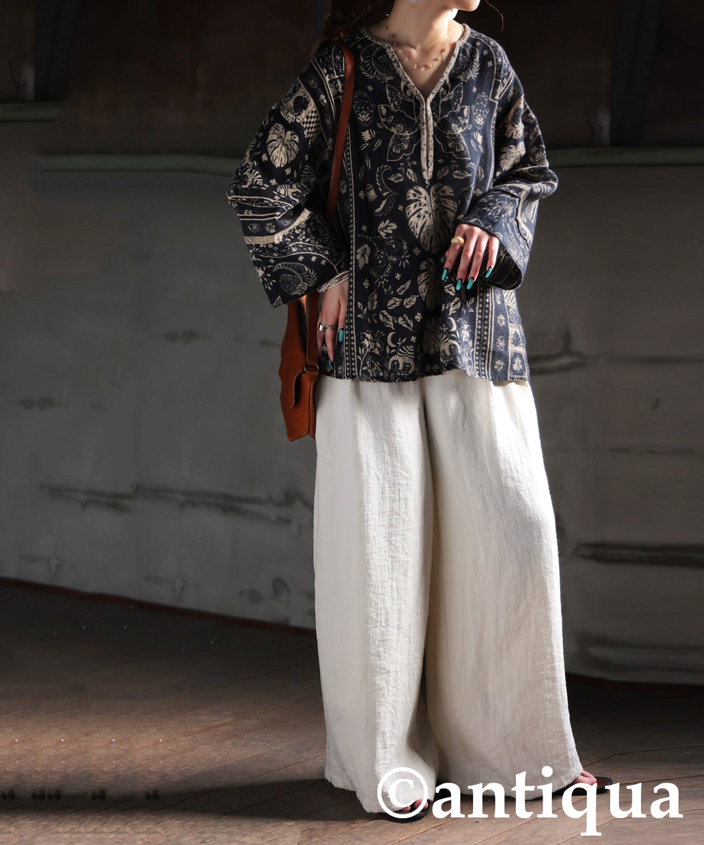 Ladies Ethnic Print Skipper Neck Top