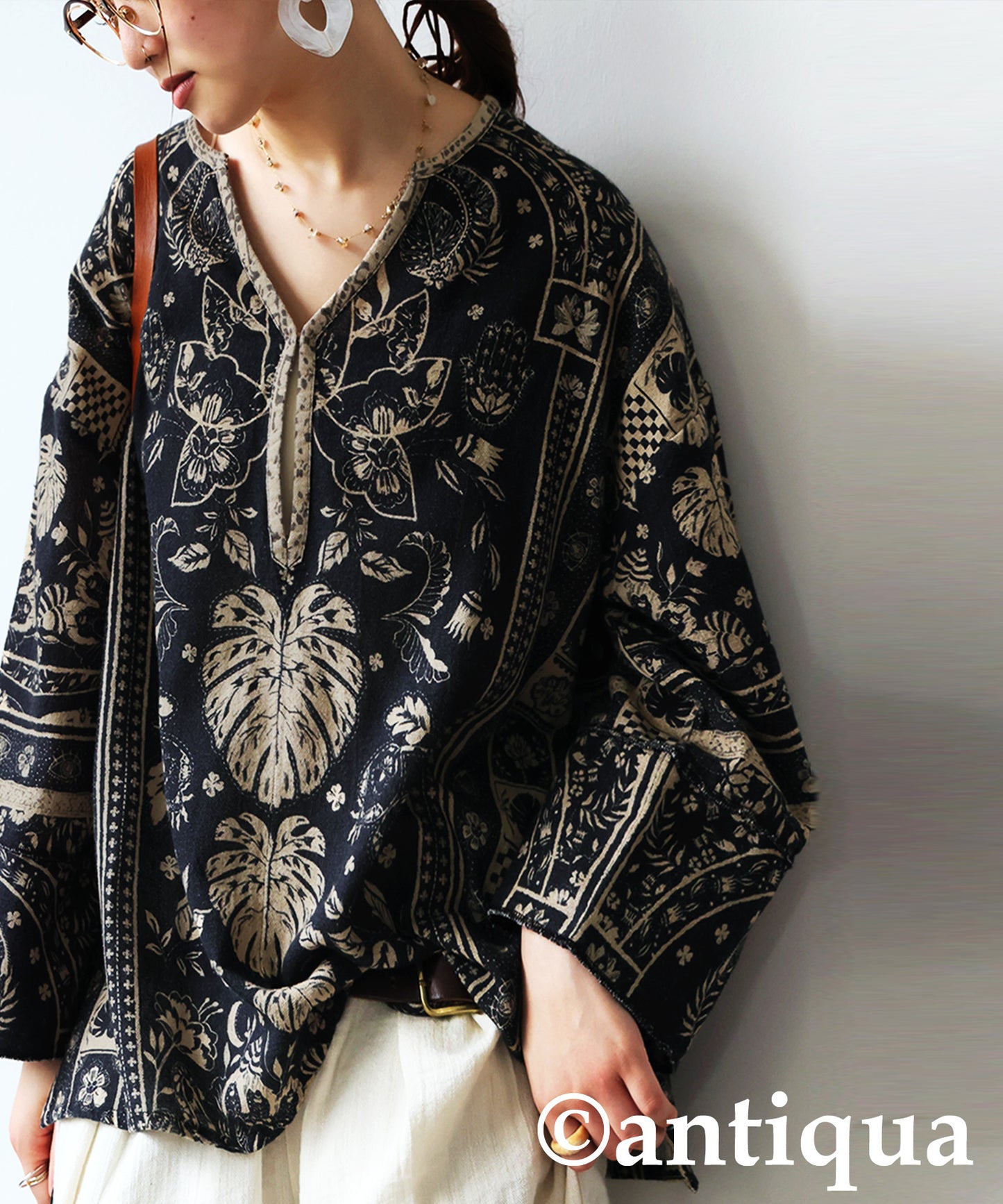 Ladies Ethnic Print Skipper Neck Top