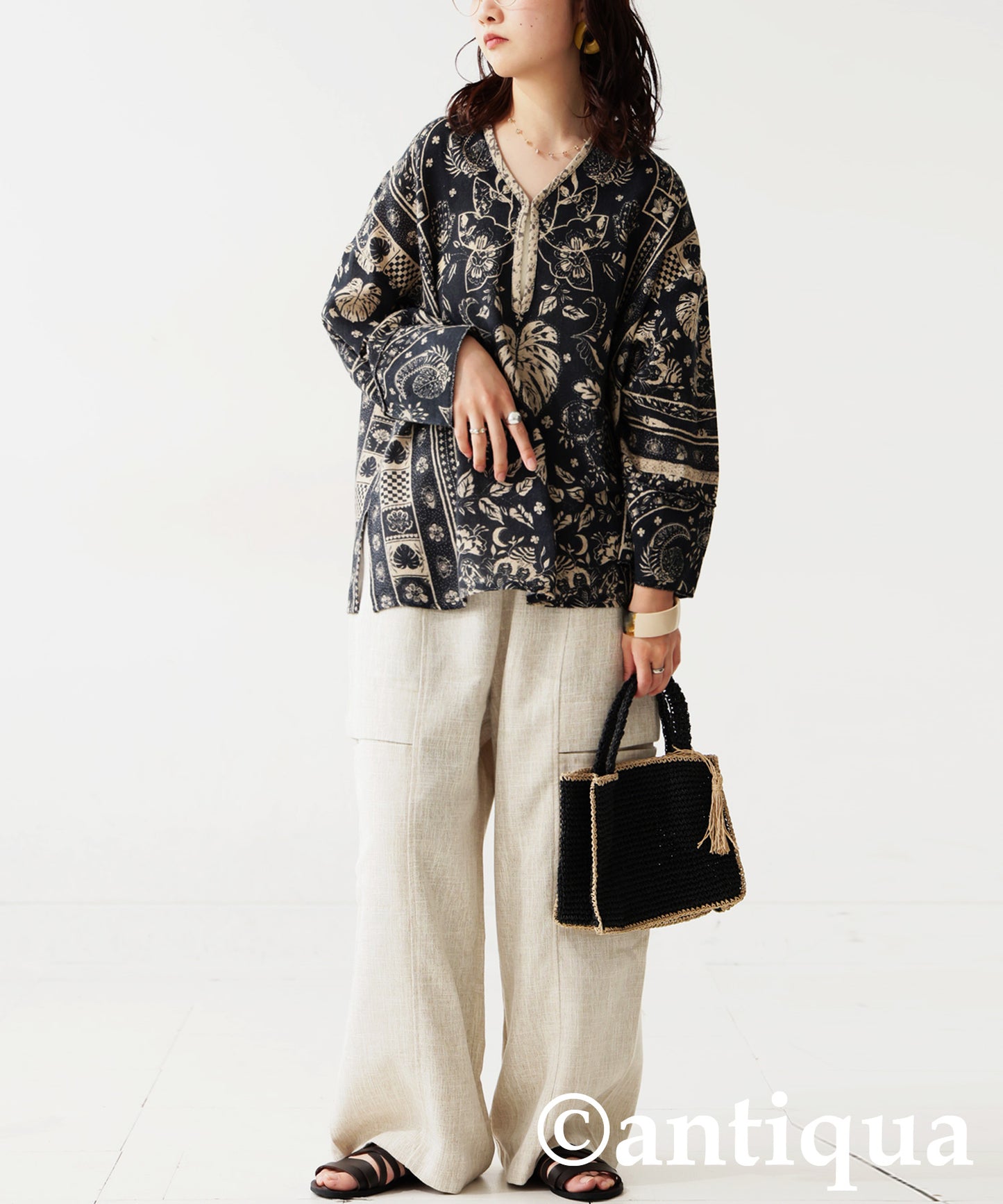 Ladies Ethnic Print Skipper Neck Top