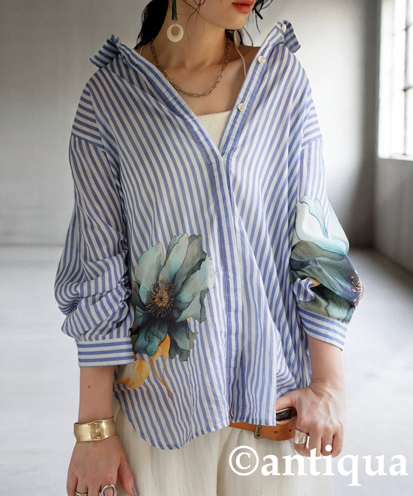 Ladies Floral Striped Shirt