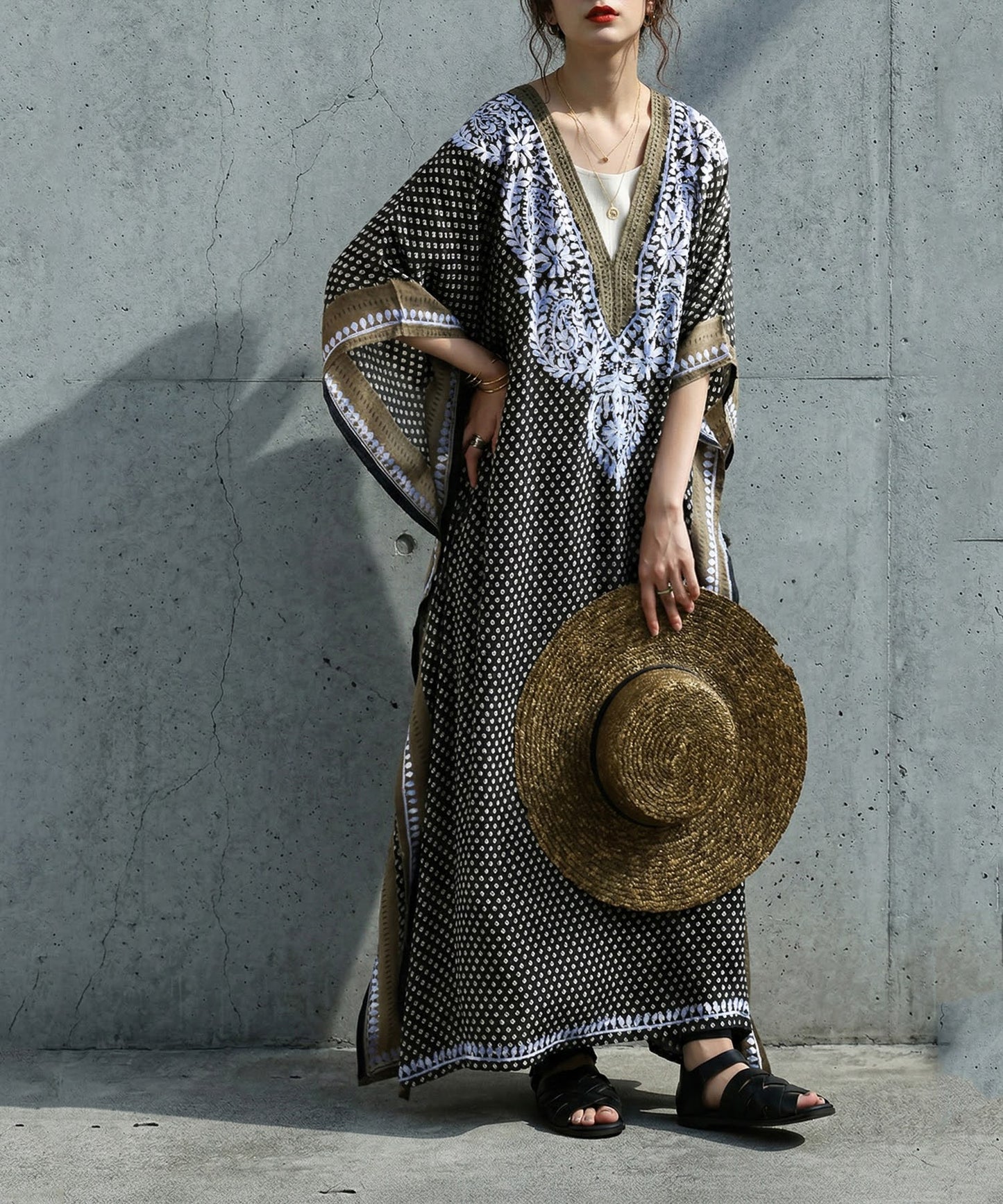 Ethnic Print Embroidered Caftan Dress Ladies