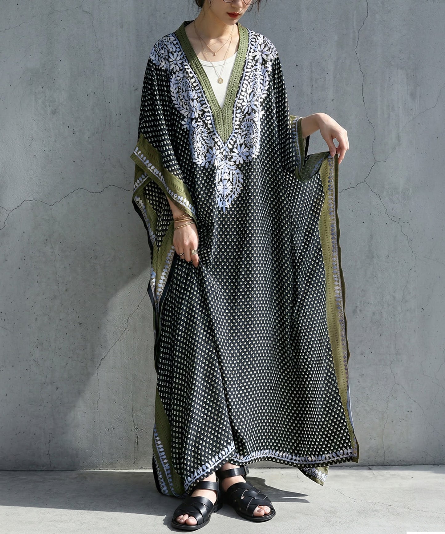 Ethnic Print Embroidered Caftan Dress Ladies