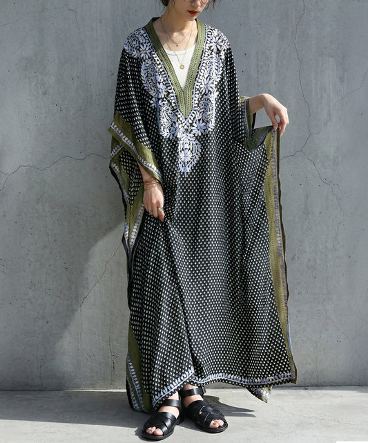 Ethnic Print Embroidered Caftan Dress Ladies