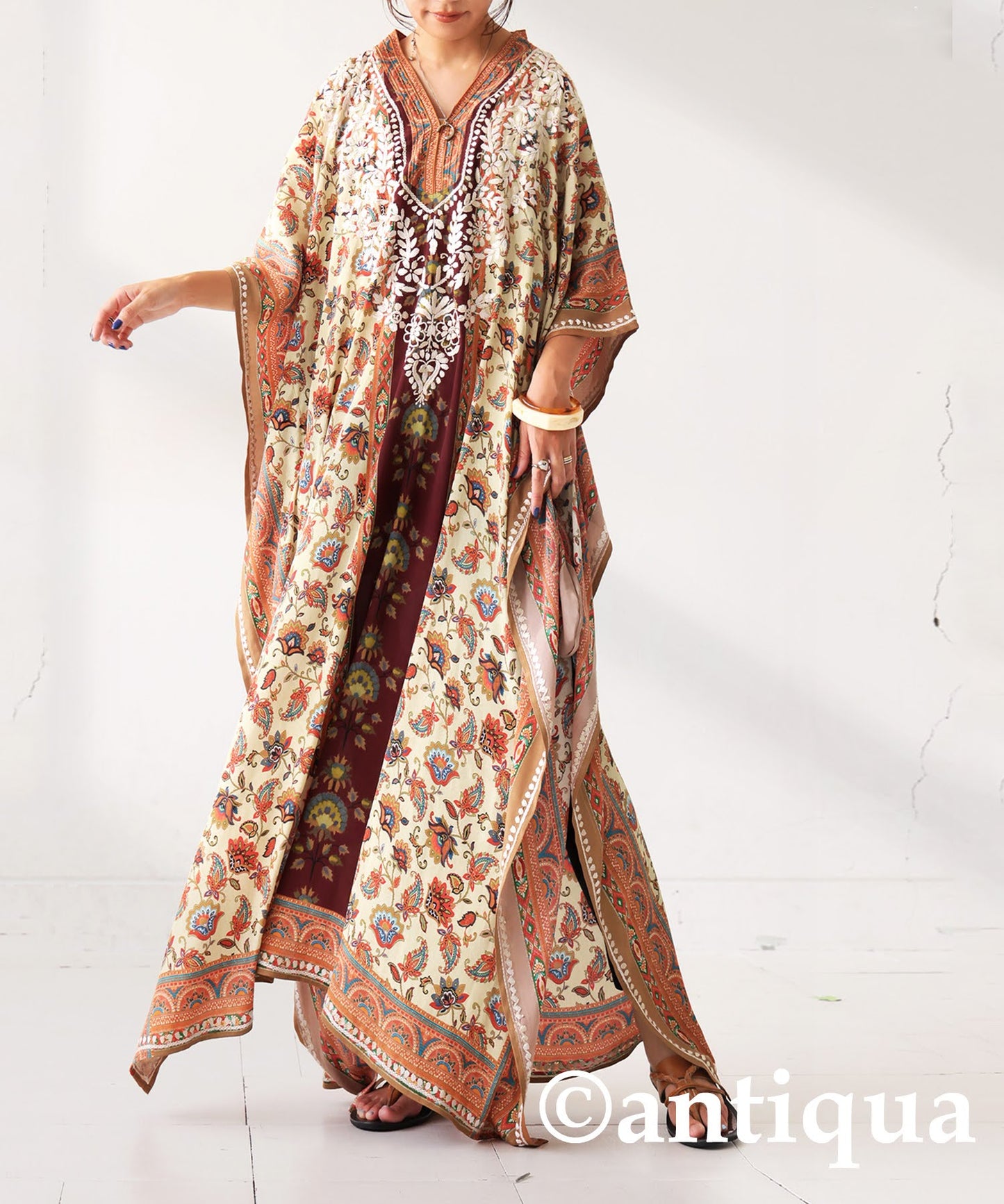 Ethnic Pattern Embroidered Kaftan Dress Ladies