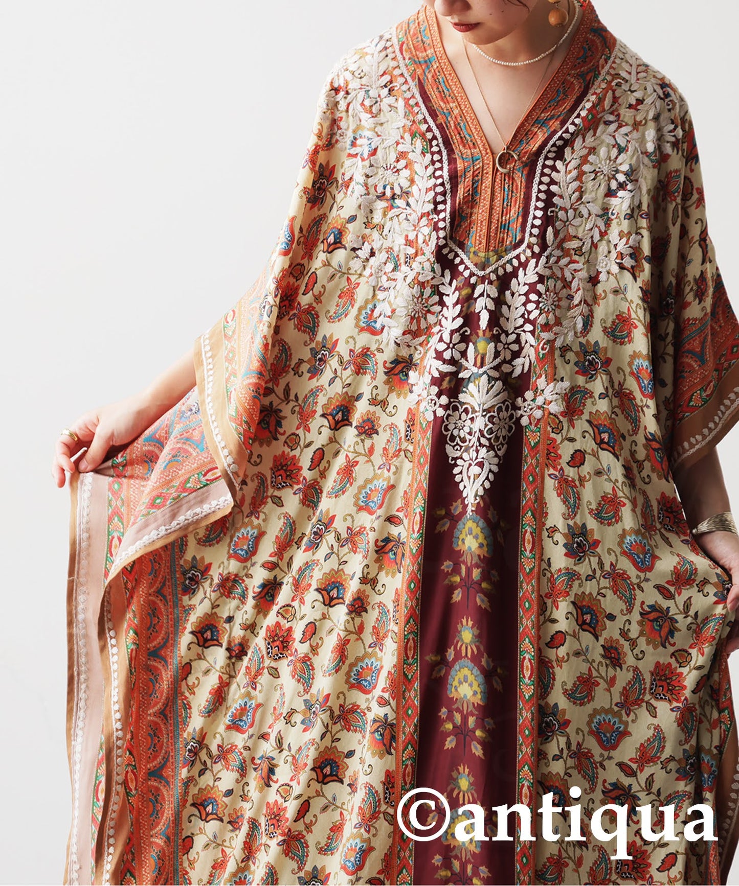 Ethnic Pattern Embroidered Kaftan Dress Ladies