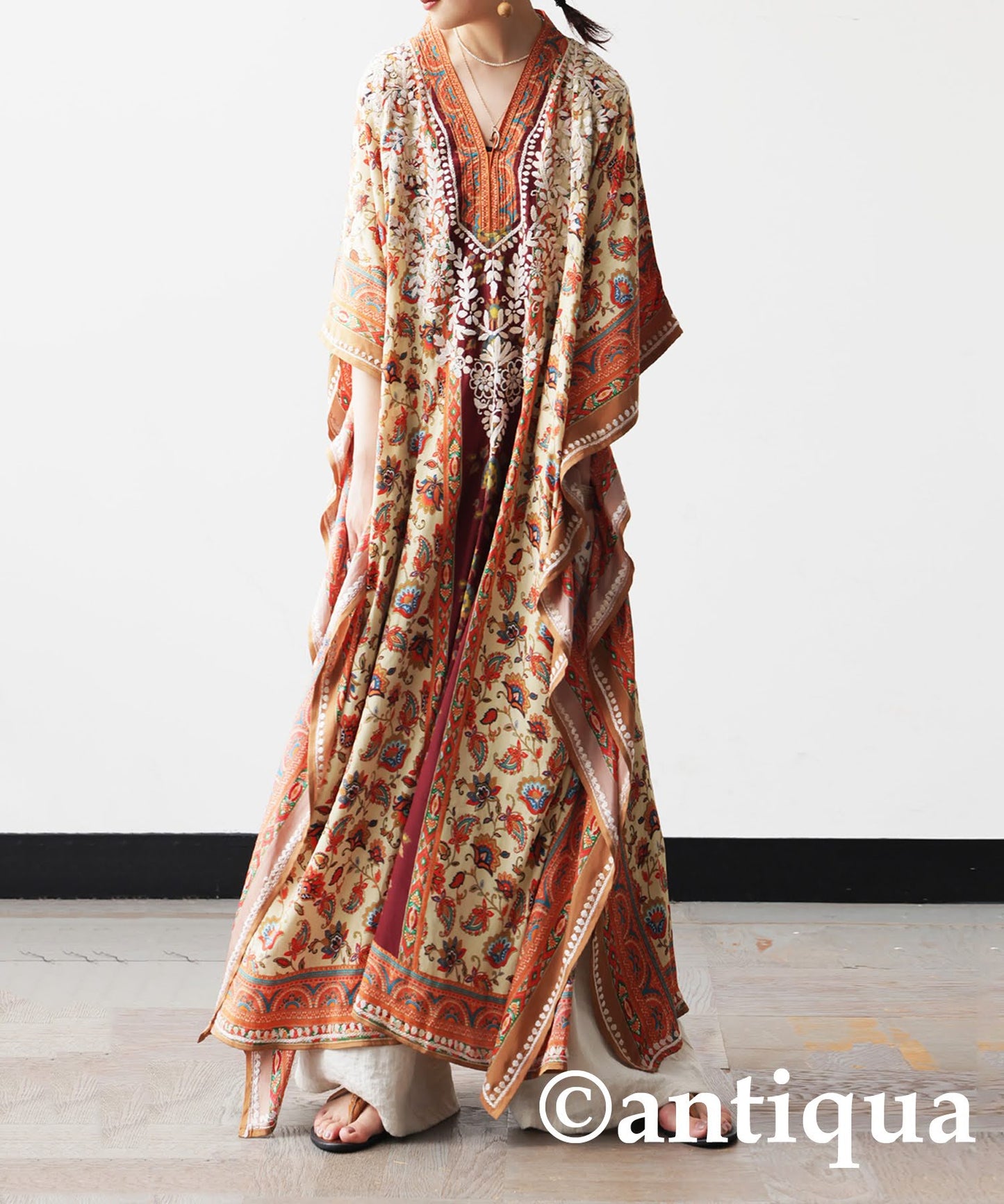Ethnic Pattern Embroidered Kaftan Dress Ladies