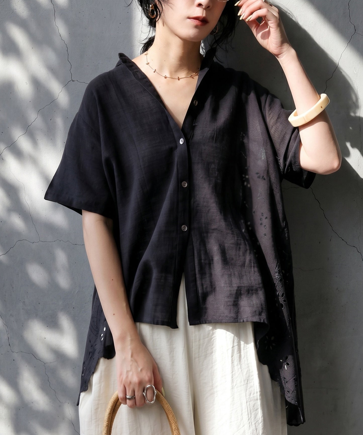 100% Cotton Band Collar Flare Lace Trim Shirt Ladies