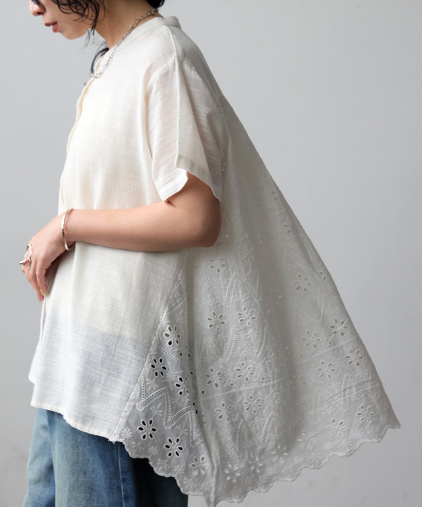 100% Cotton Band Collar Flare Lace Trim Shirt Ladies