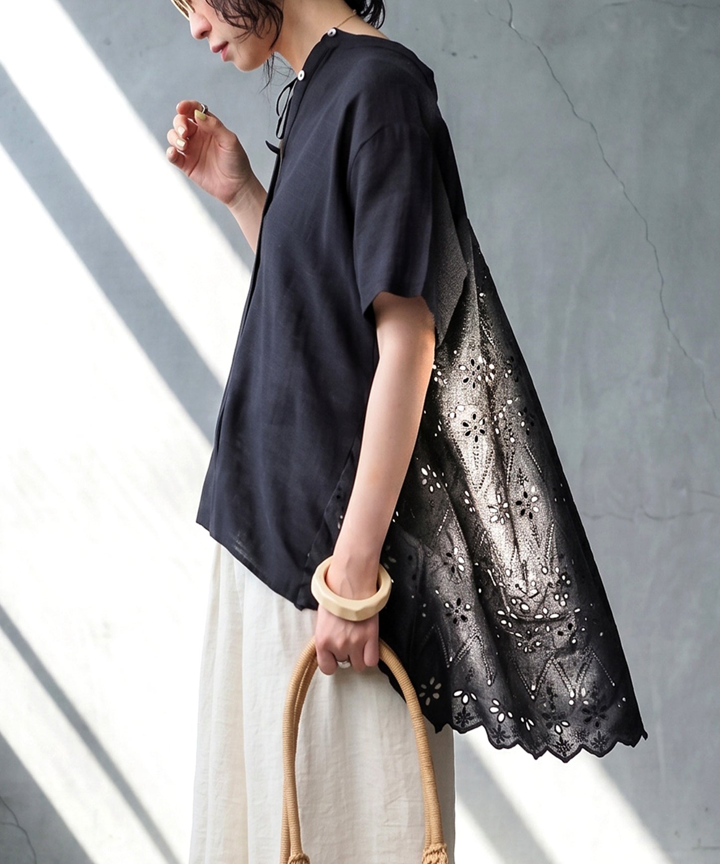 100% Cotton Band Collar Flare Lace Trim Shirt Ladies