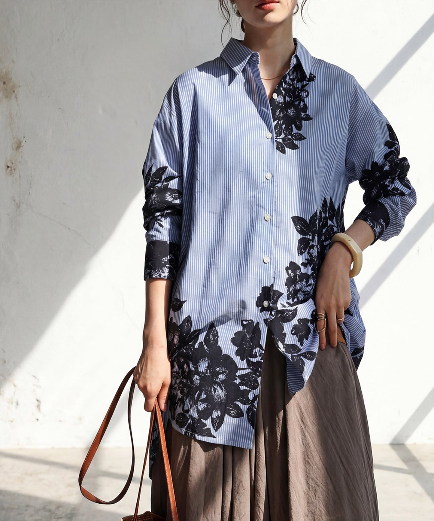 Striped And Floral Patterned 100% Cotton Shirt Ladies