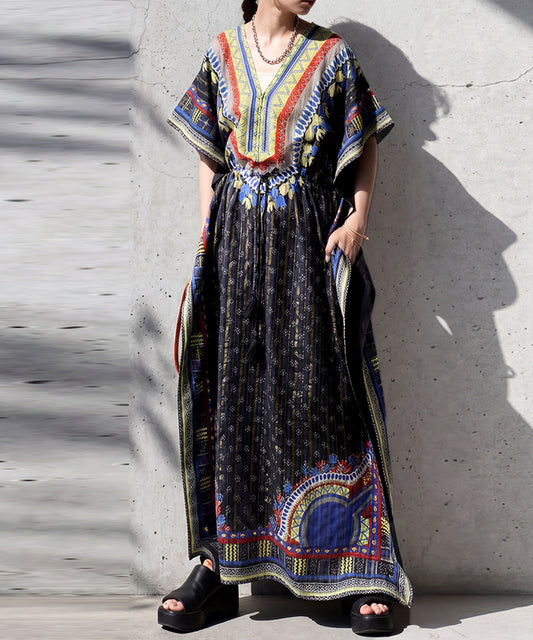 African Print, 100% Cotton, Kanga-Style Print Caftan Dress Ladies