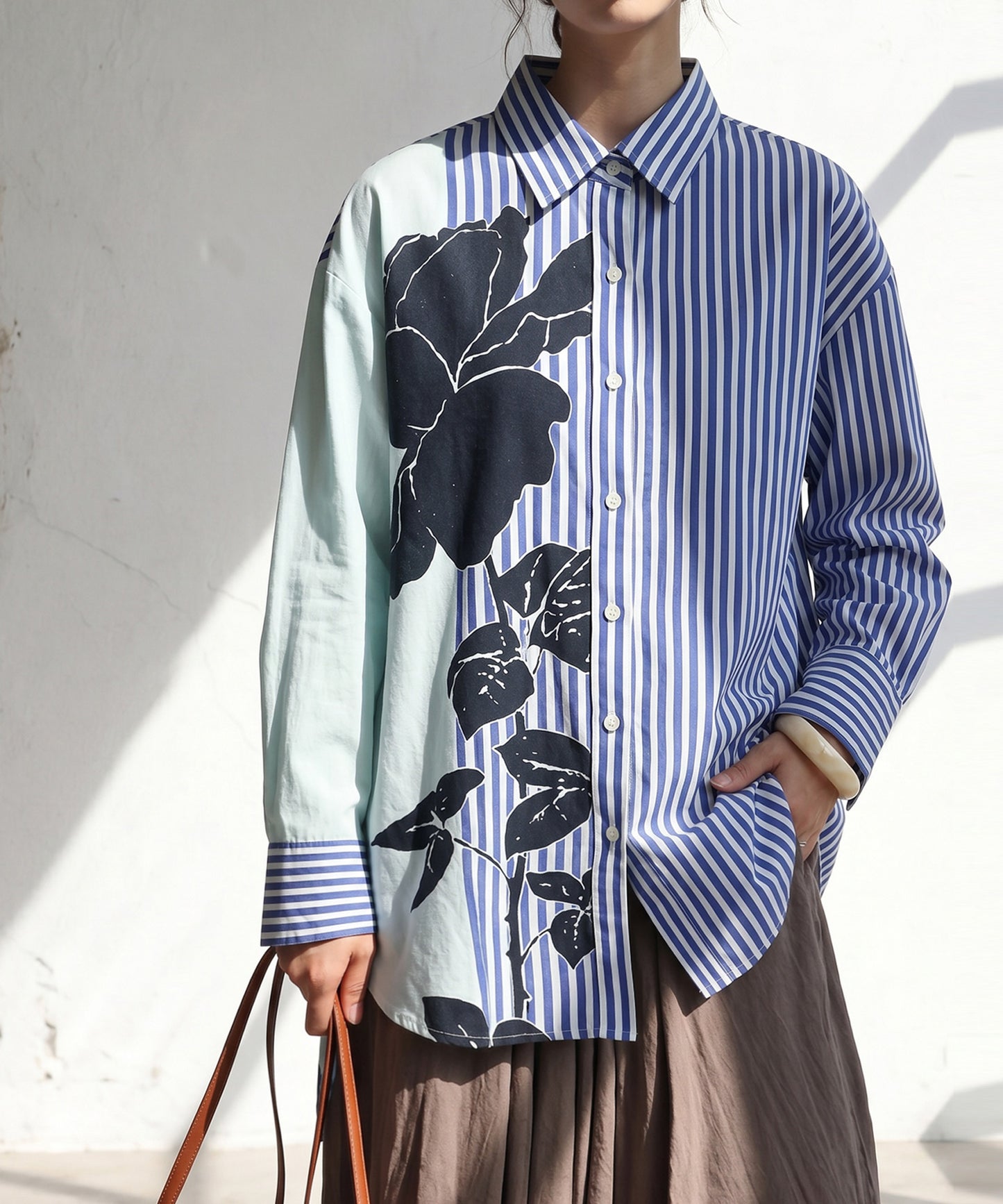 Striped Floral Print Shirt Ladies