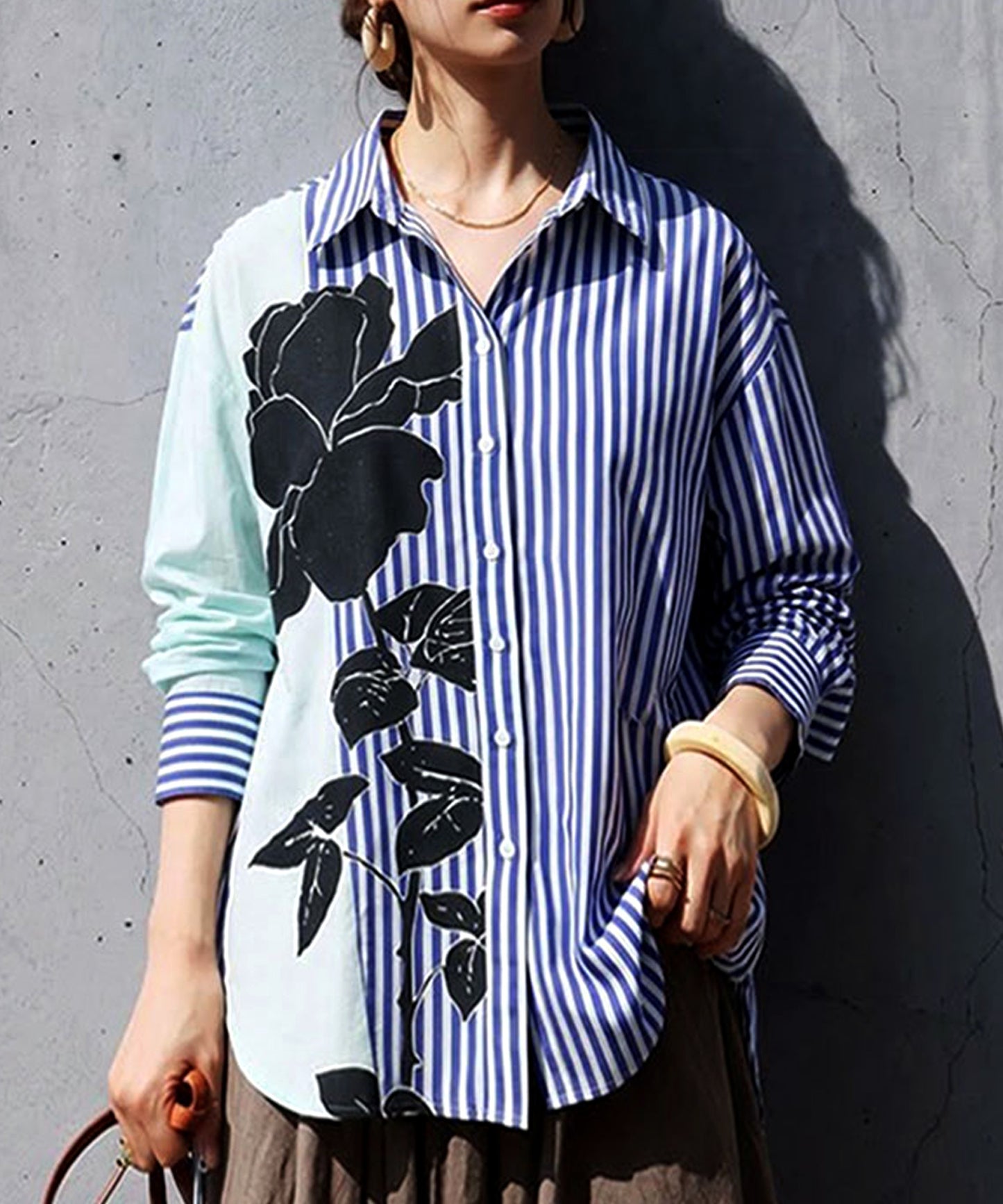 Striped Floral Print Shirt Ladies