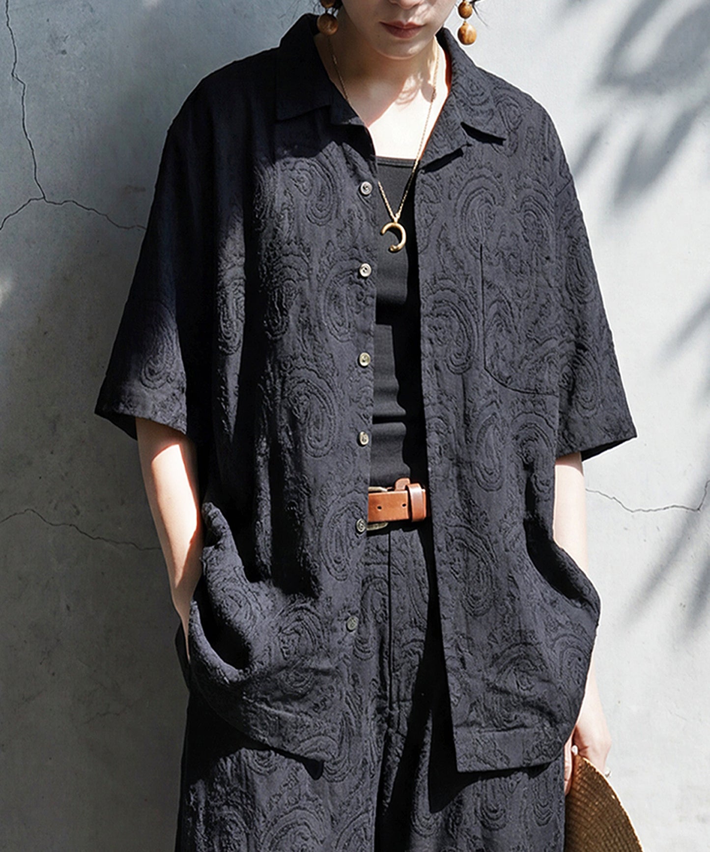 100% Cotton Dobby Weave Paisley Pattern Open Collar Shirt Ladies