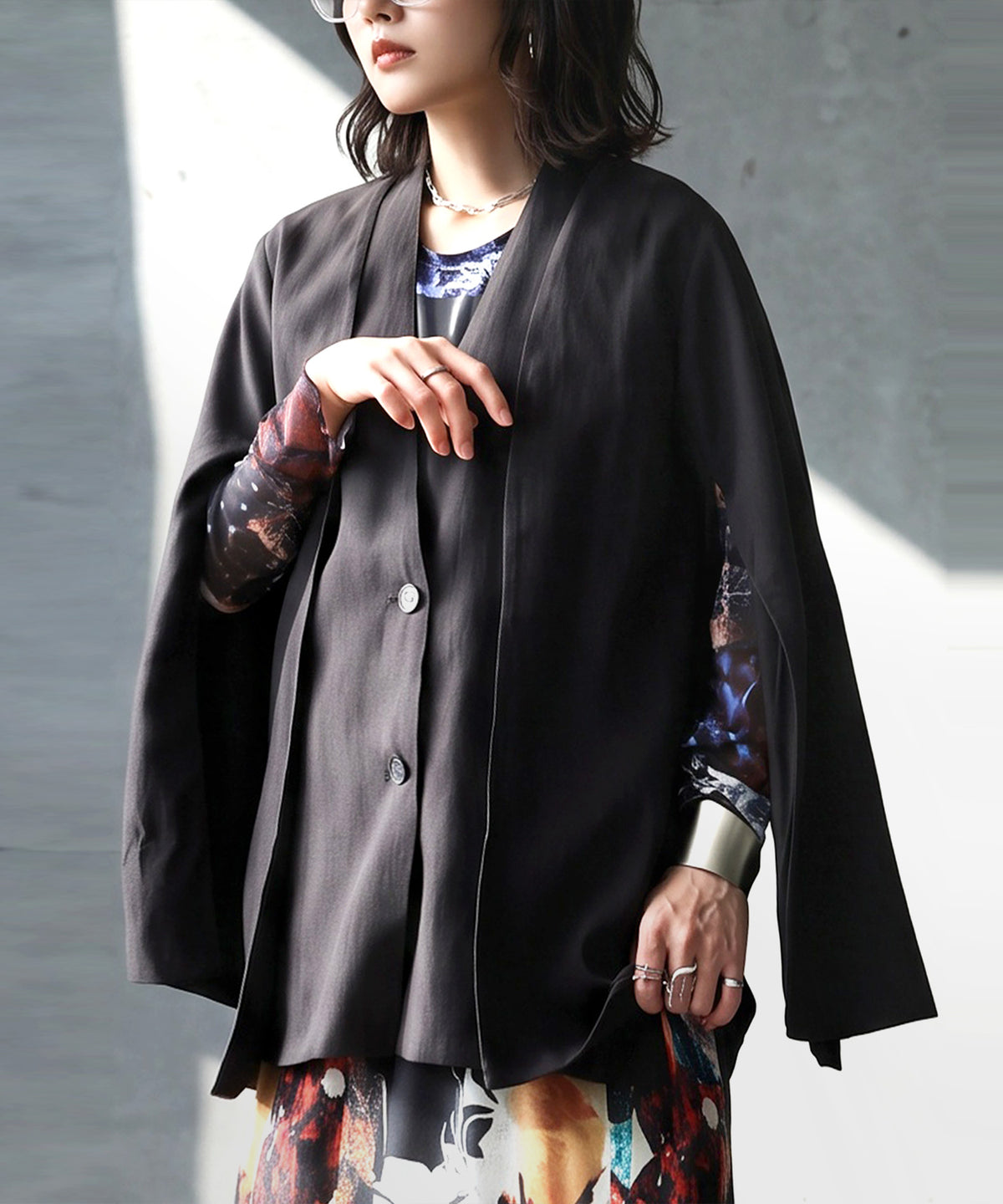 KYO 2-Way Slit Sleeve Cape-Style Collarless Jacket Ladies