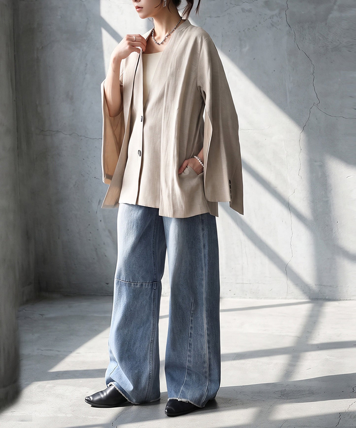 KYO 2-Way Slit Sleeve Cape-Style Collarless Jacket Ladies