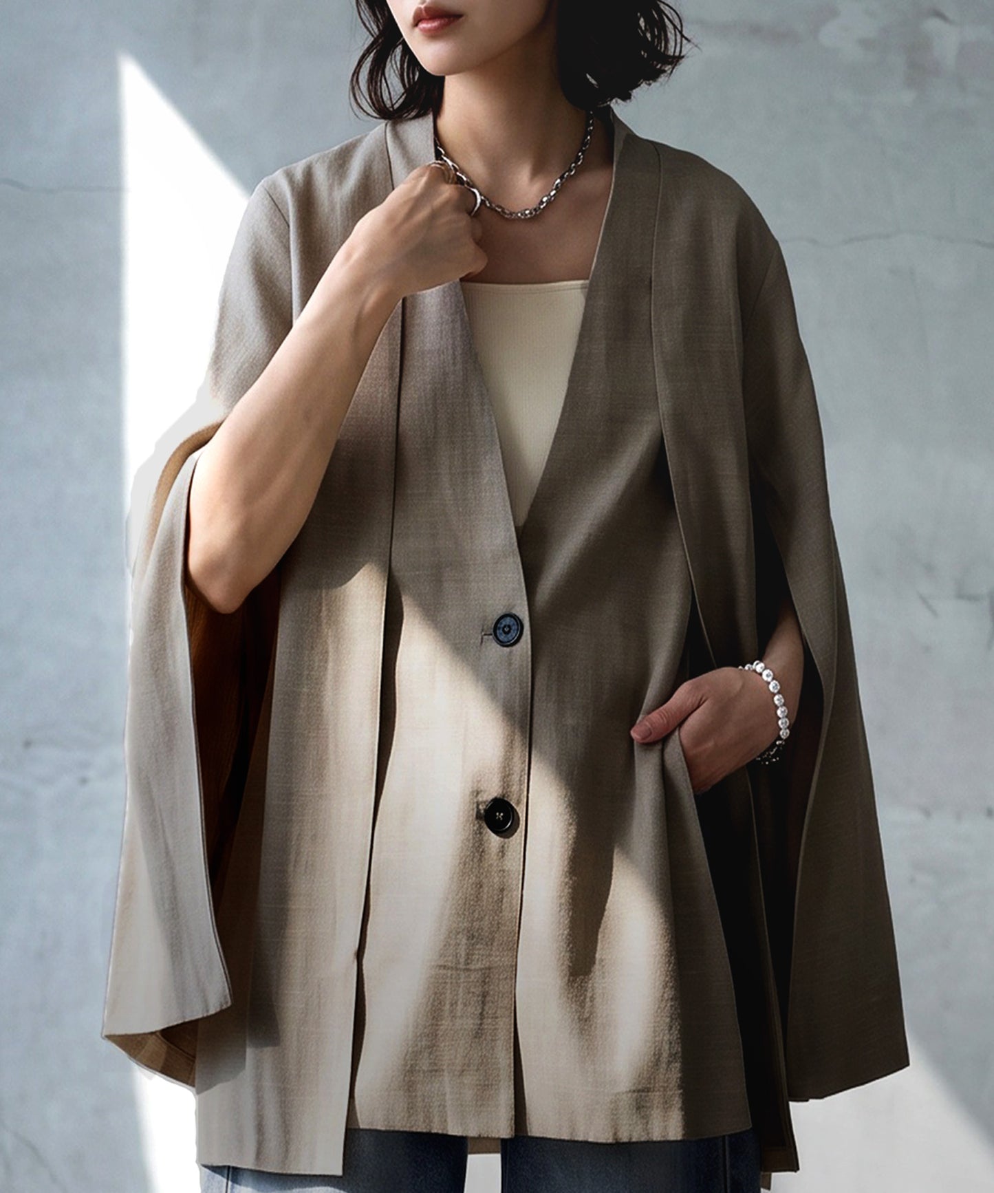 KYO 2-Way Slit Sleeve Cape-Style Collarless Jacket Ladies