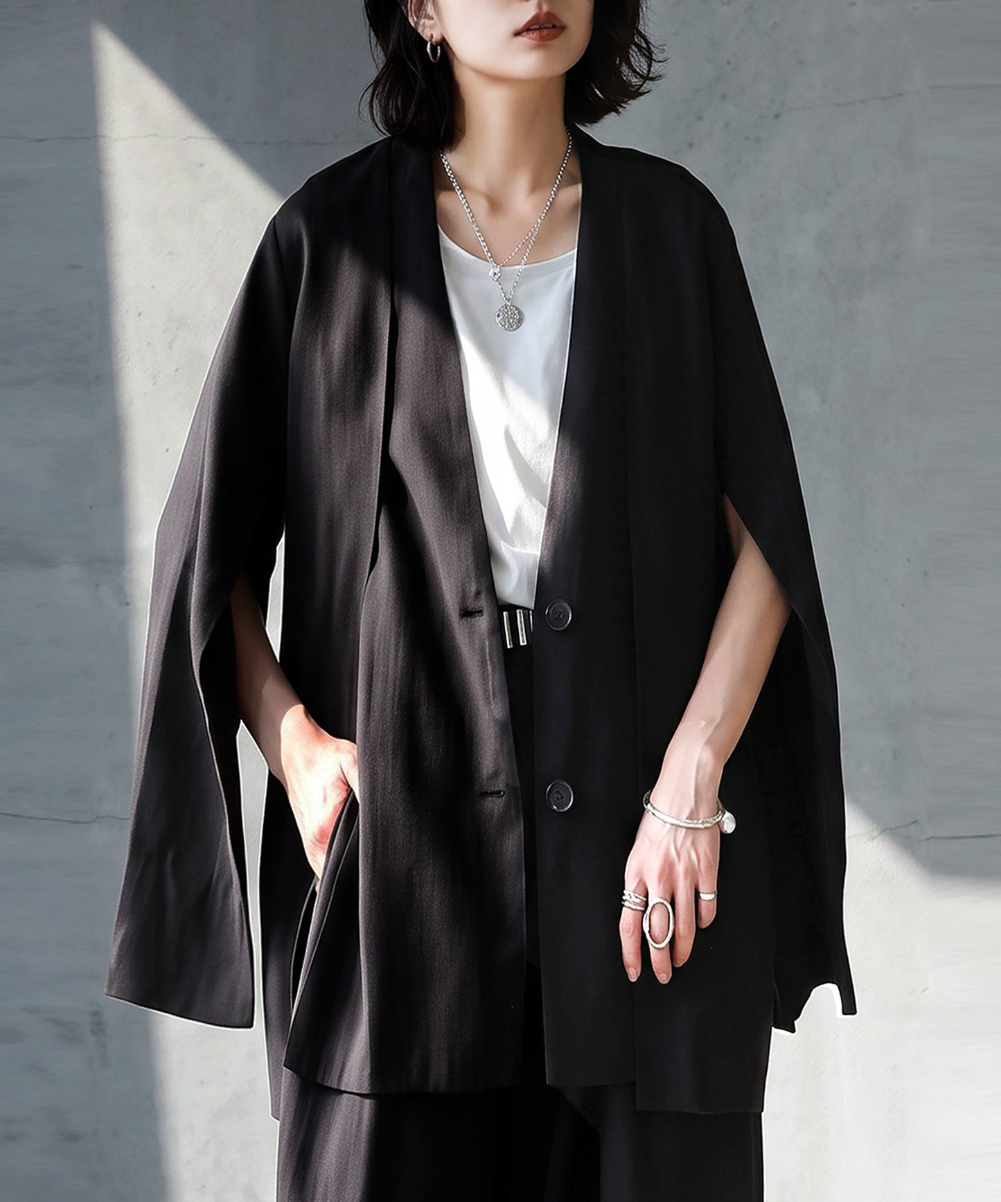 KYO 2-Way Slit Sleeve Cape-Style Collarless Jacket Ladies