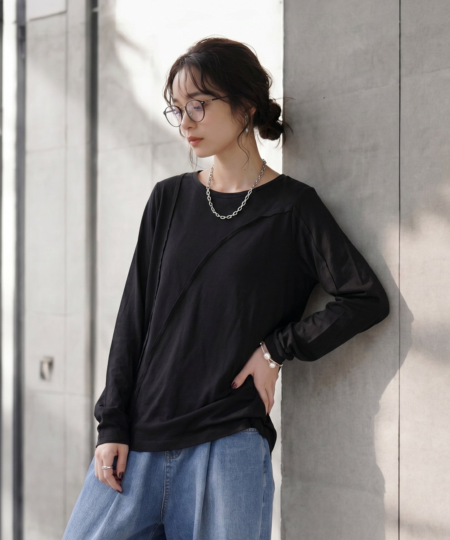 KYO 100% Cotton Crew Neck Outseam Long-Sleeve T-Shirt Ladies