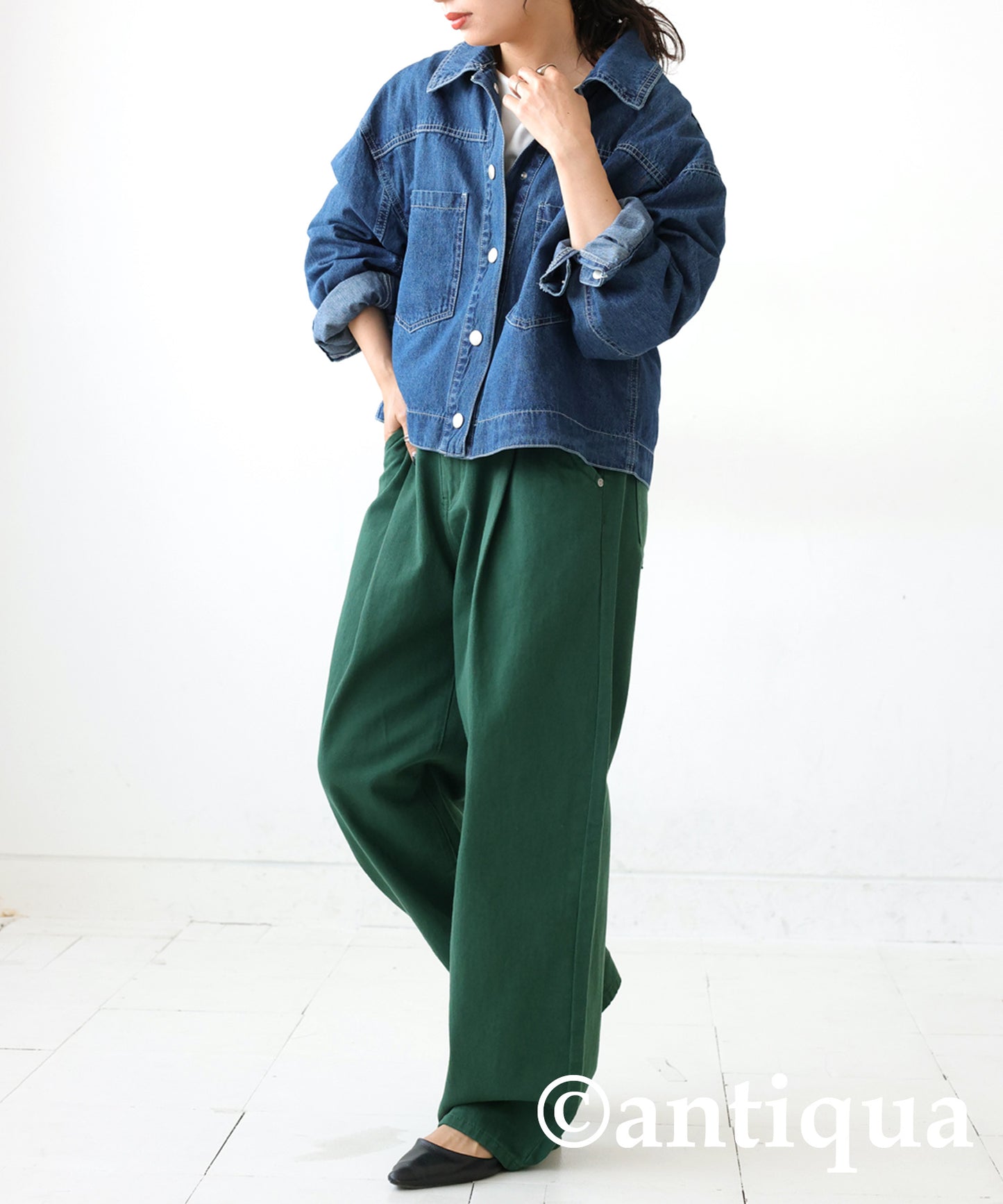 100%Cotton Twill Fabric Wide Tuck Pants Ladies