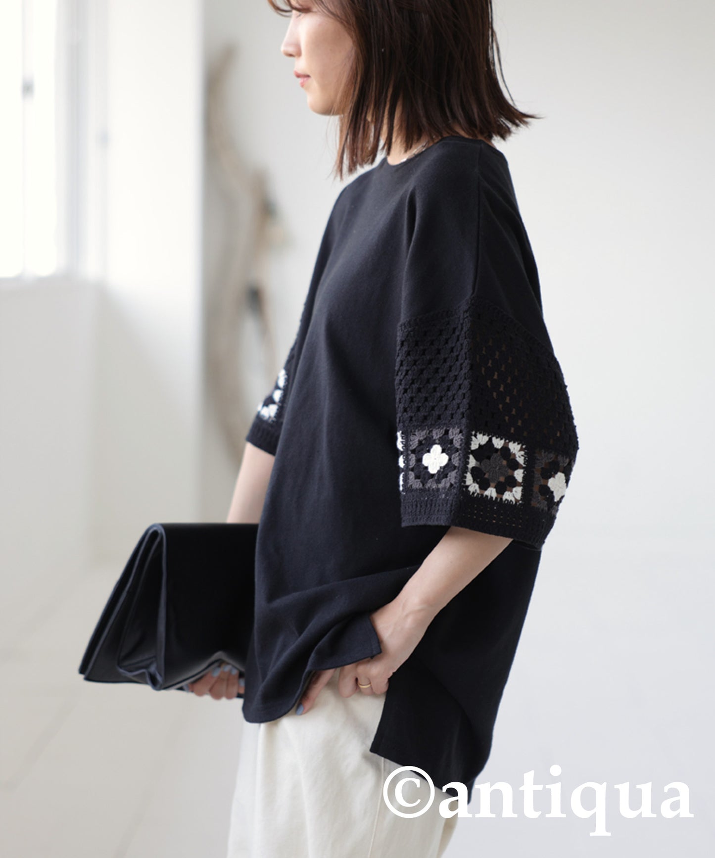 Openwork knitting Designed Sleeve Ladies Tops T -shirt