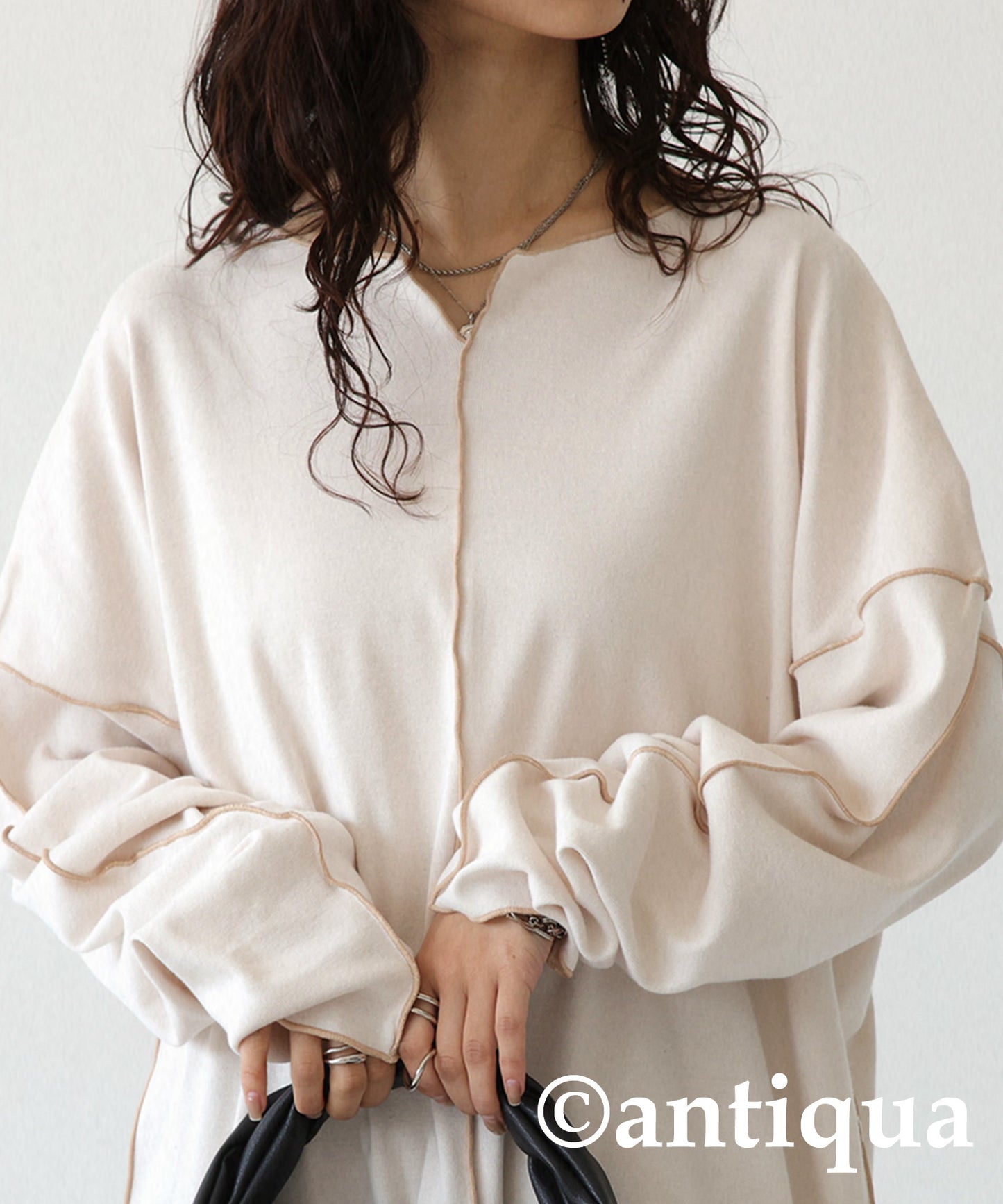 Circular rib fabric Tops Long-sleeved Ladies T-shirt Cotton 100%