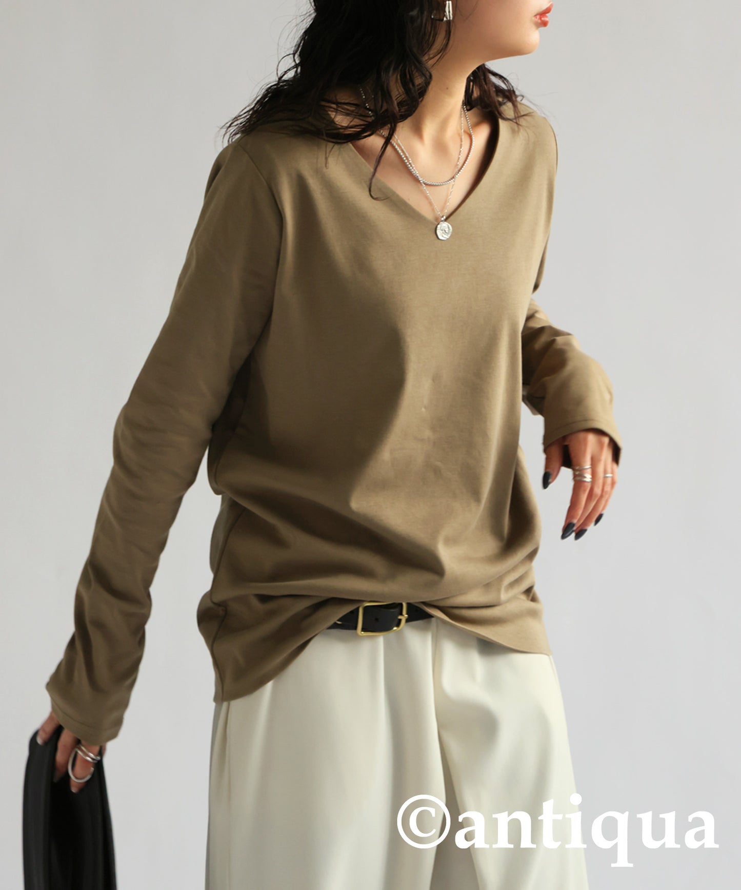 100% Cotton Smooth V-Neck Long T-Shirt Ladies