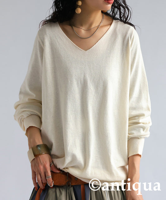 100%Cotton Jersey Stitch V-Neck Knit Ladies