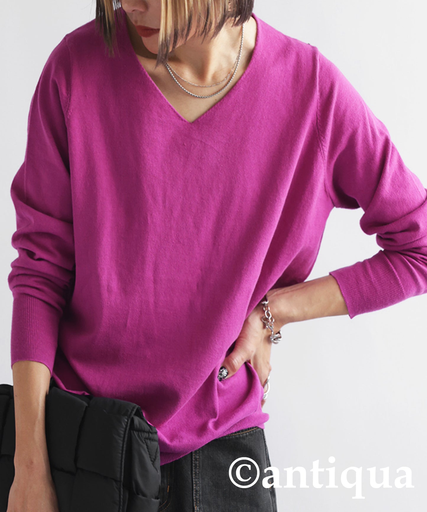 100%Cotton Jersey Stitch V-Neck Knit Ladies