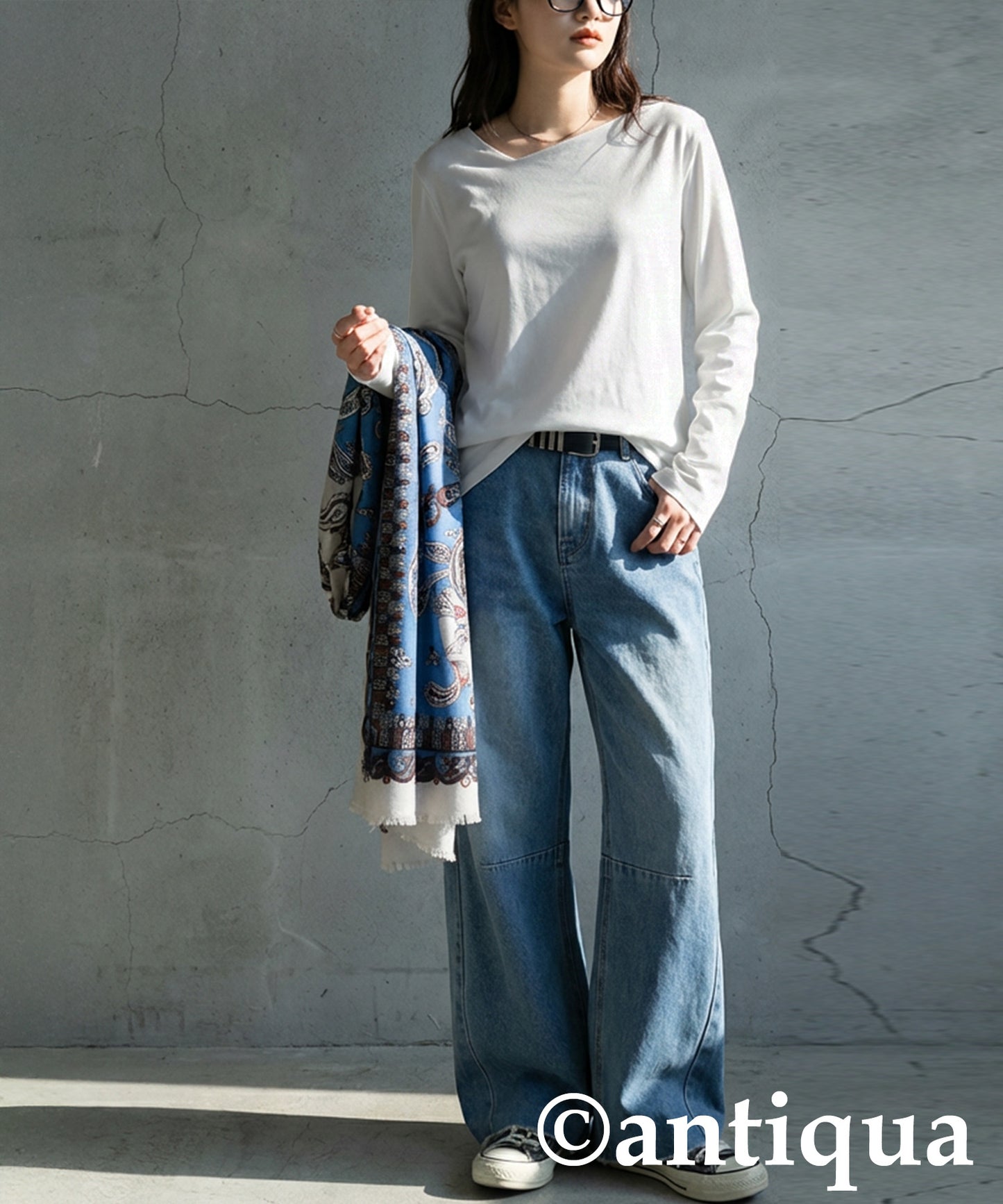 Diagonal Neck Long T-Shirt Ladies