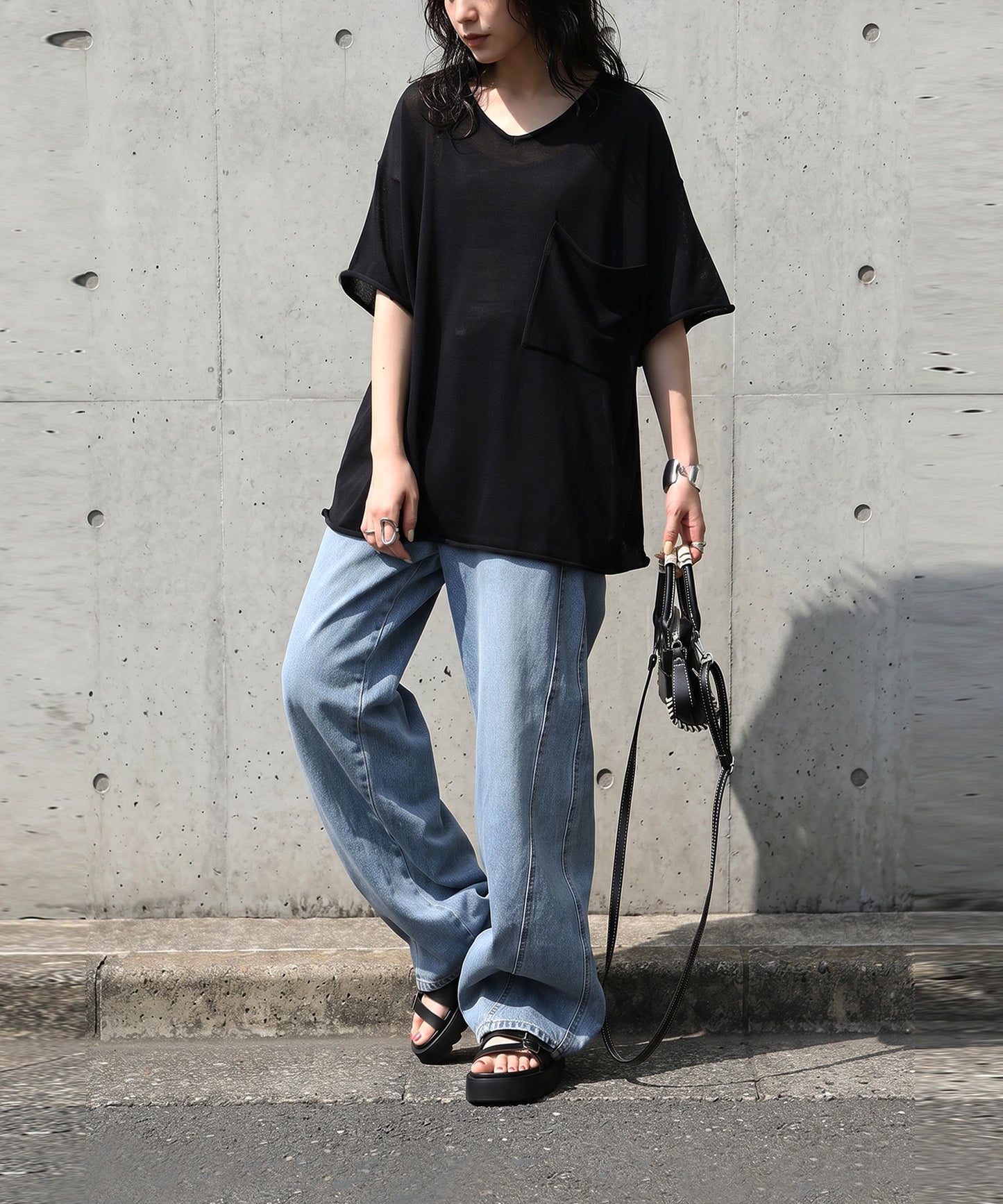 V-Neck Sheer Knit T-Shirt Ladies