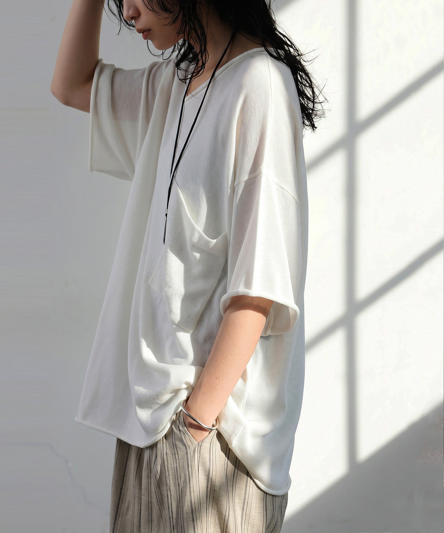 V-Neck Sheer Knit T-Shirt Ladies