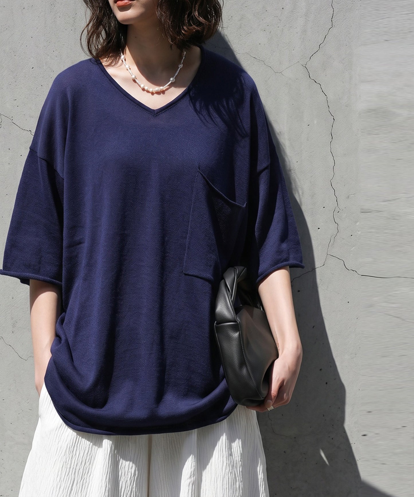 V-Neck Sheer Knit T-Shirt Ladies