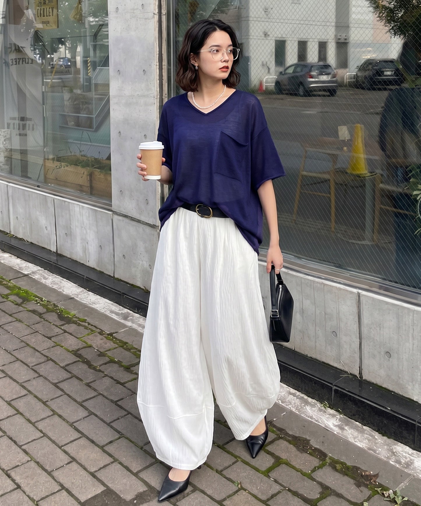 V-Neck Sheer Knit T-Shirt Ladies