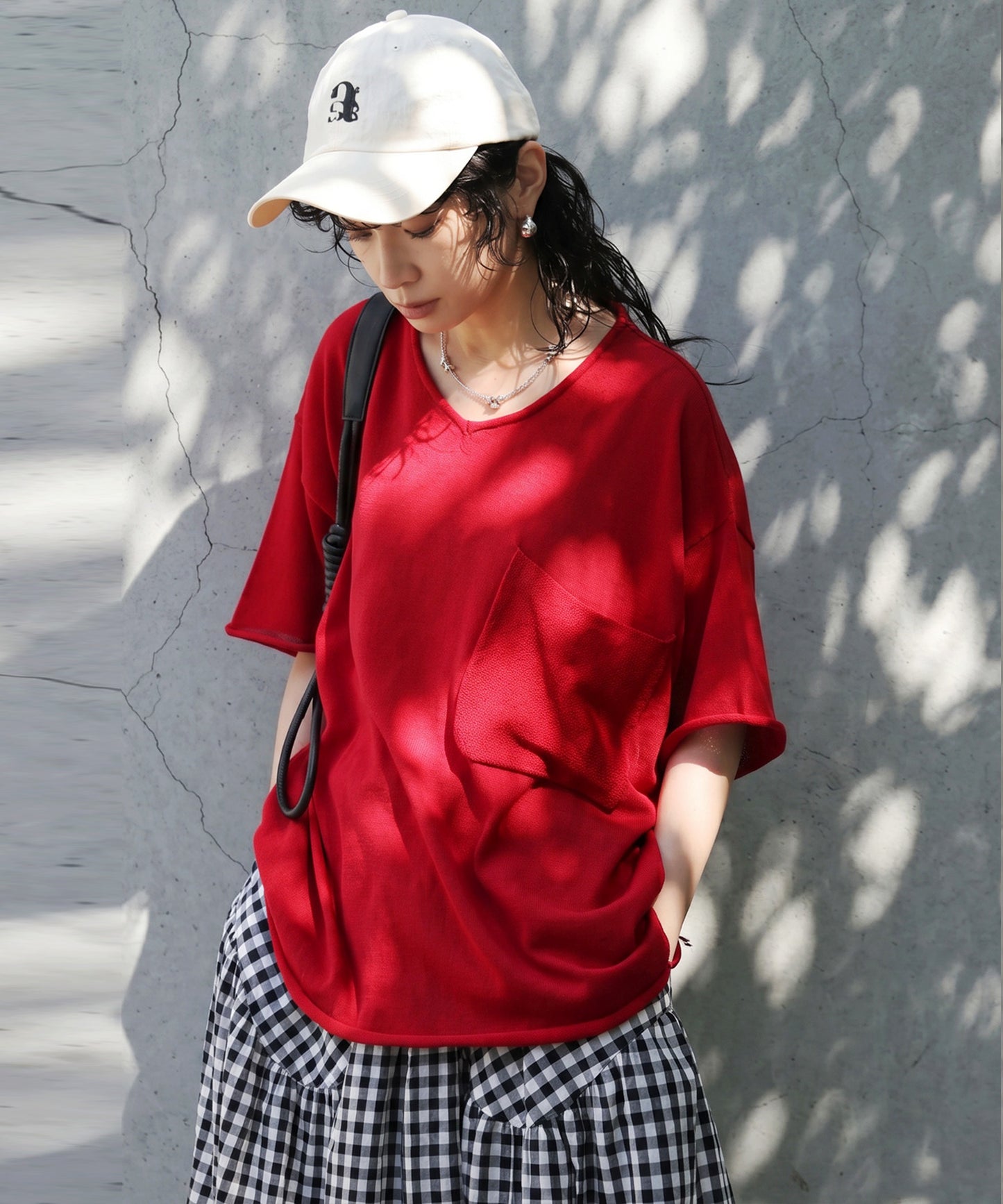 V-Neck Sheer Knit T-Shirt Ladies