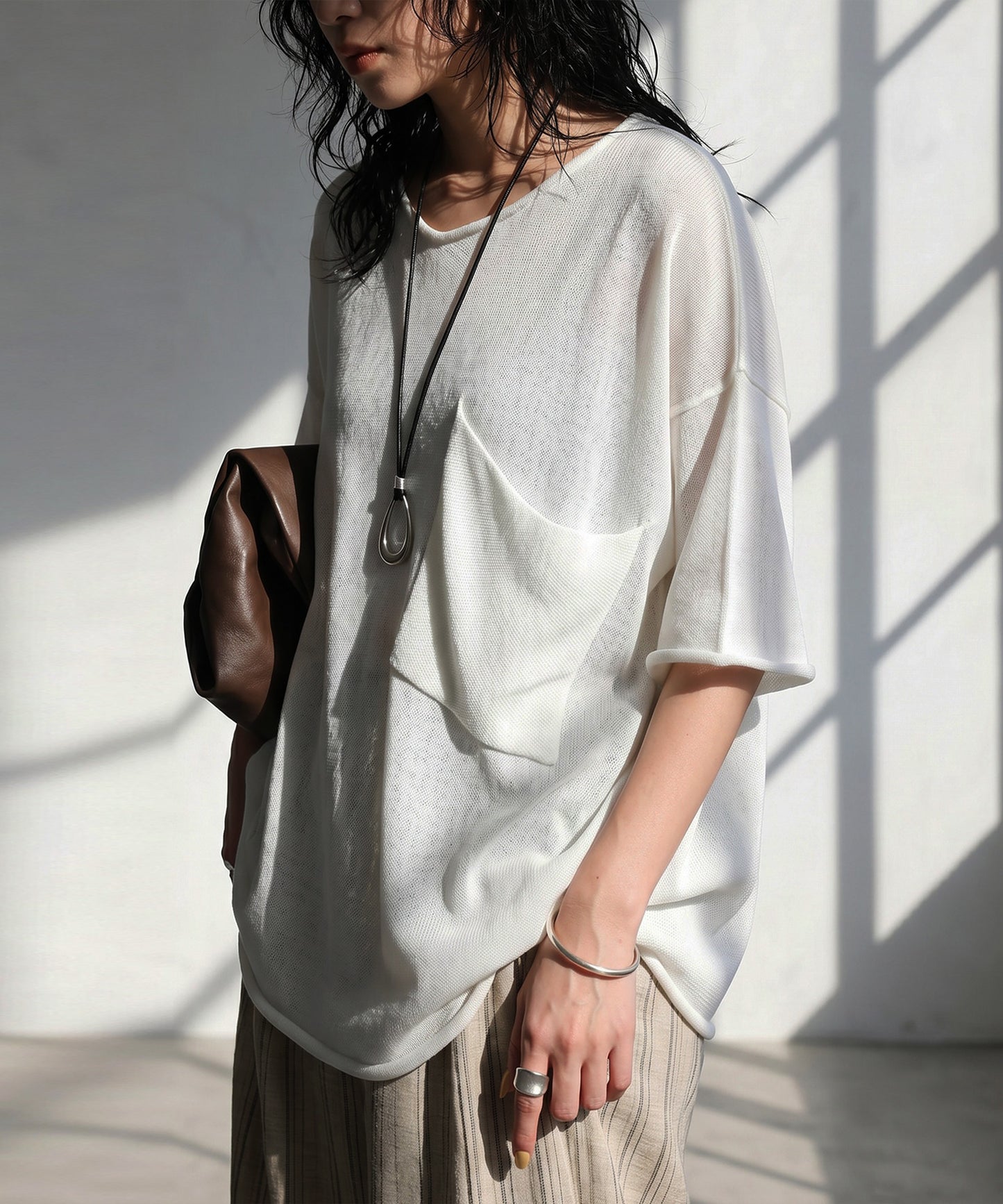 V-Neck Sheer Knit T-Shirt Ladies