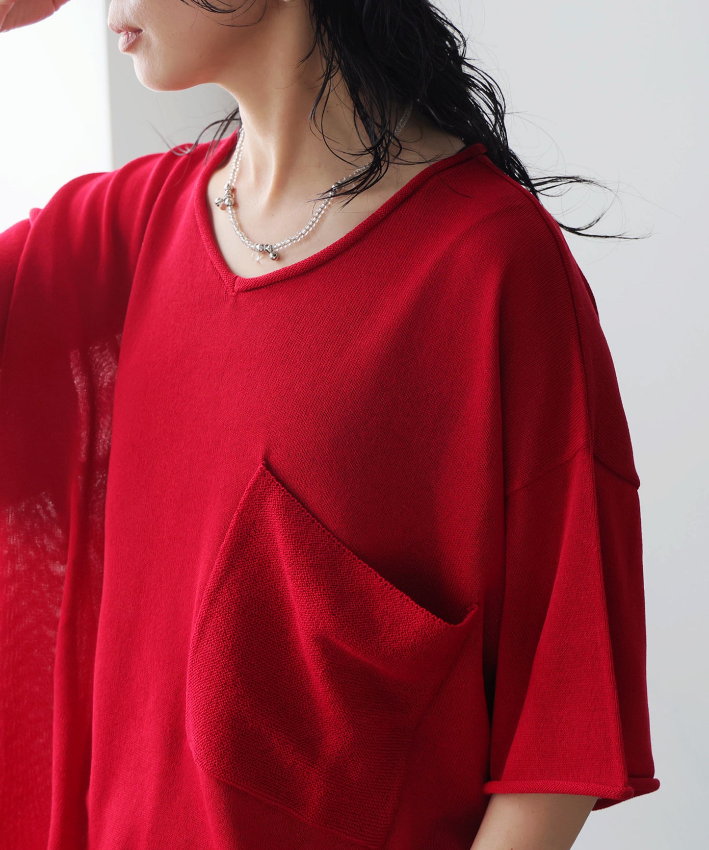 V-Neck Sheer Knit T-Shirt Ladies