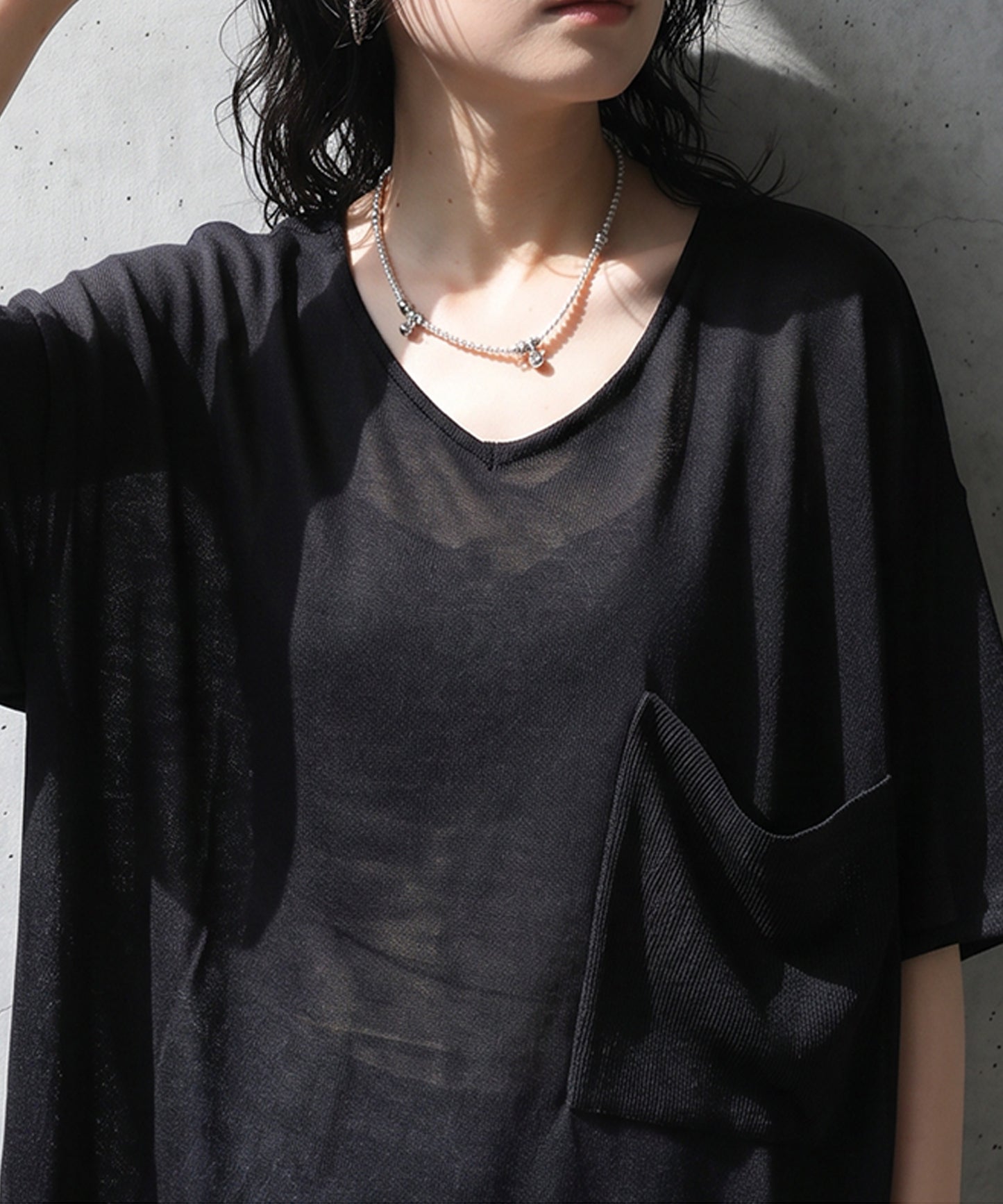 V-Neck Sheer Knit T-Shirt Ladies