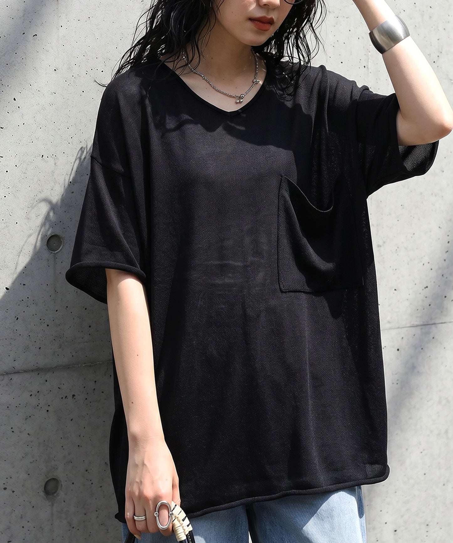 V-Neck Sheer Knit T-Shirt Ladies