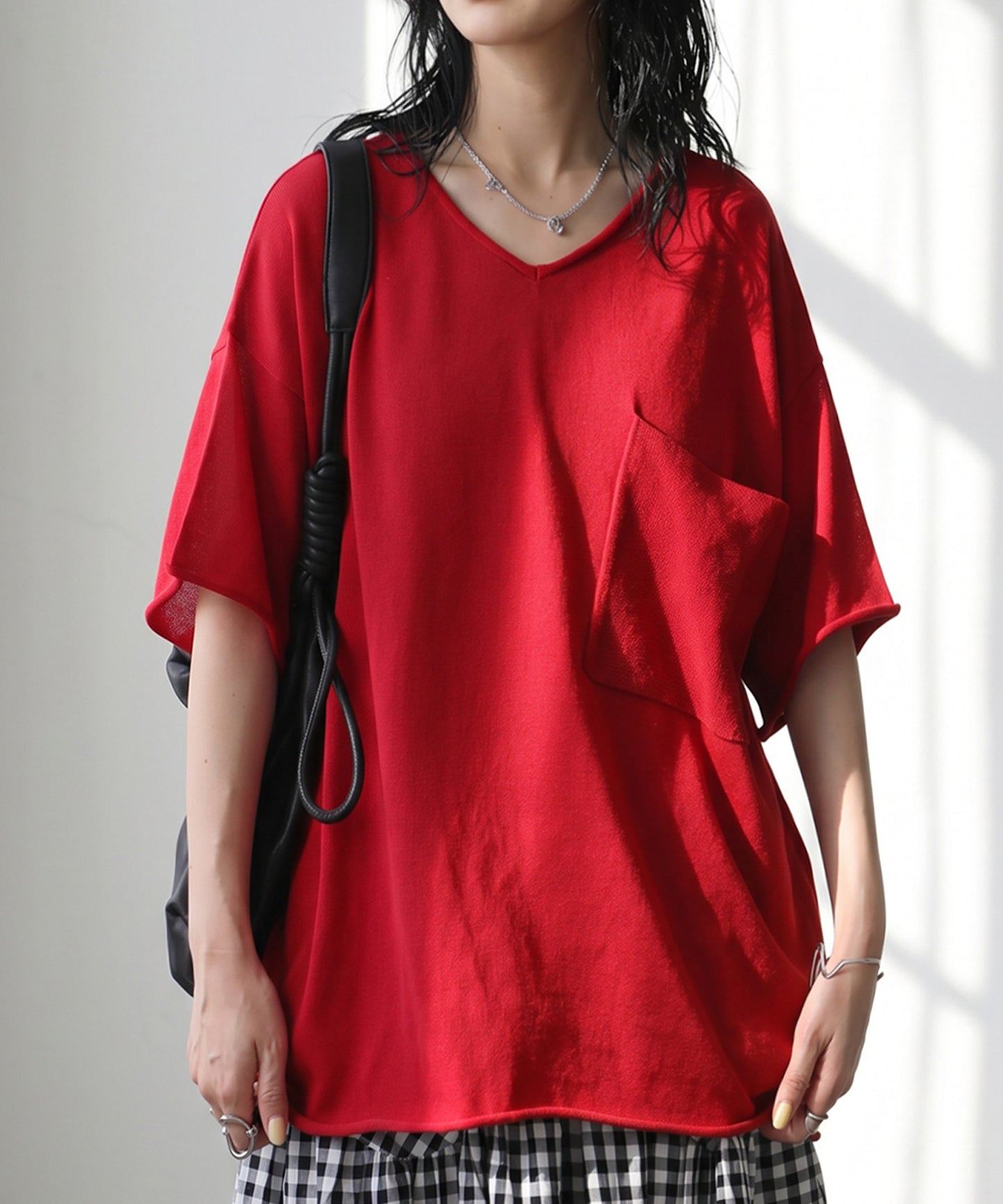 V-Neck Sheer Knit T-Shirt Ladies