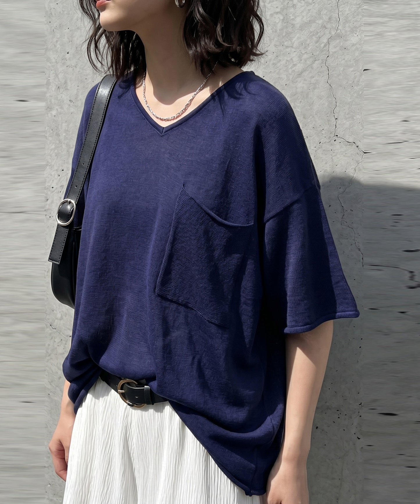 V-Neck Sheer Knit T-Shirt Ladies