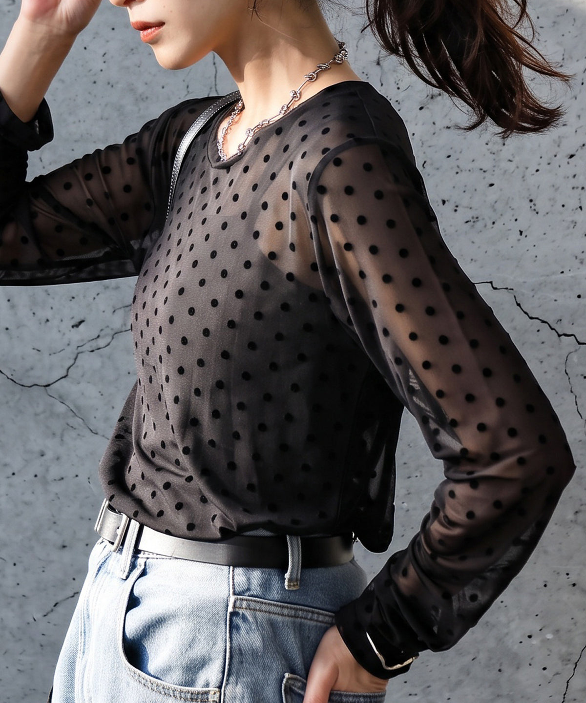 Polka Dot Sheer Layered Cut And Sew Top Ladies