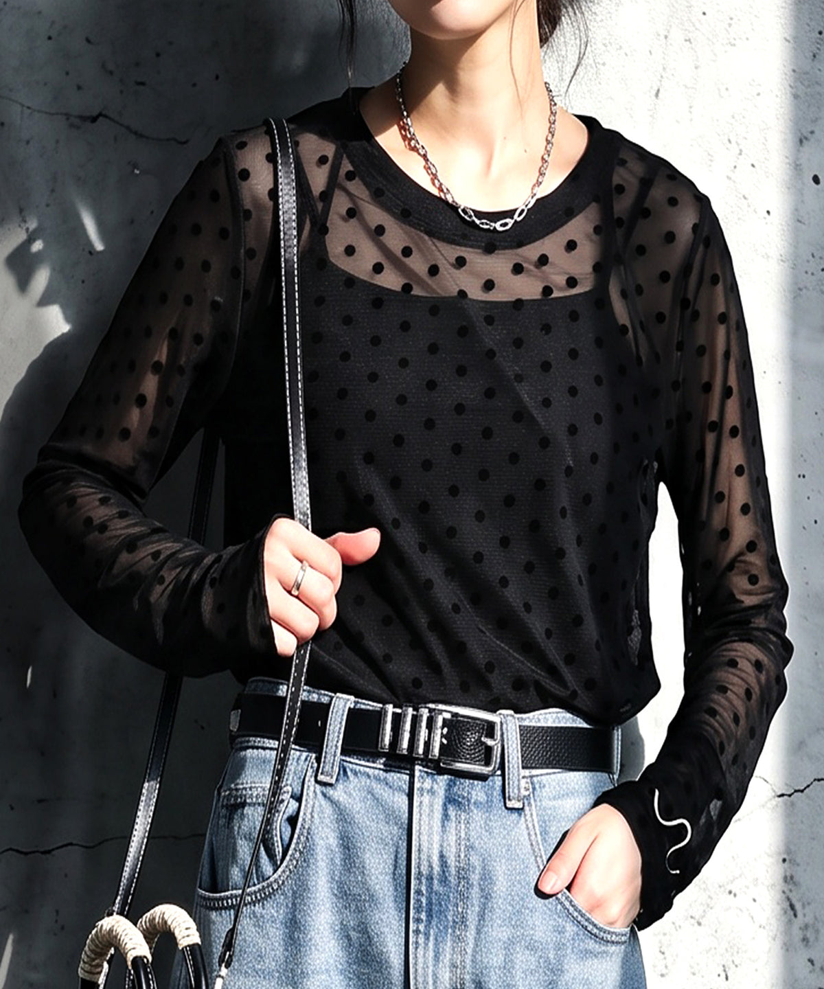 Polka Dot Sheer Layered Cut And Sew Top Ladies